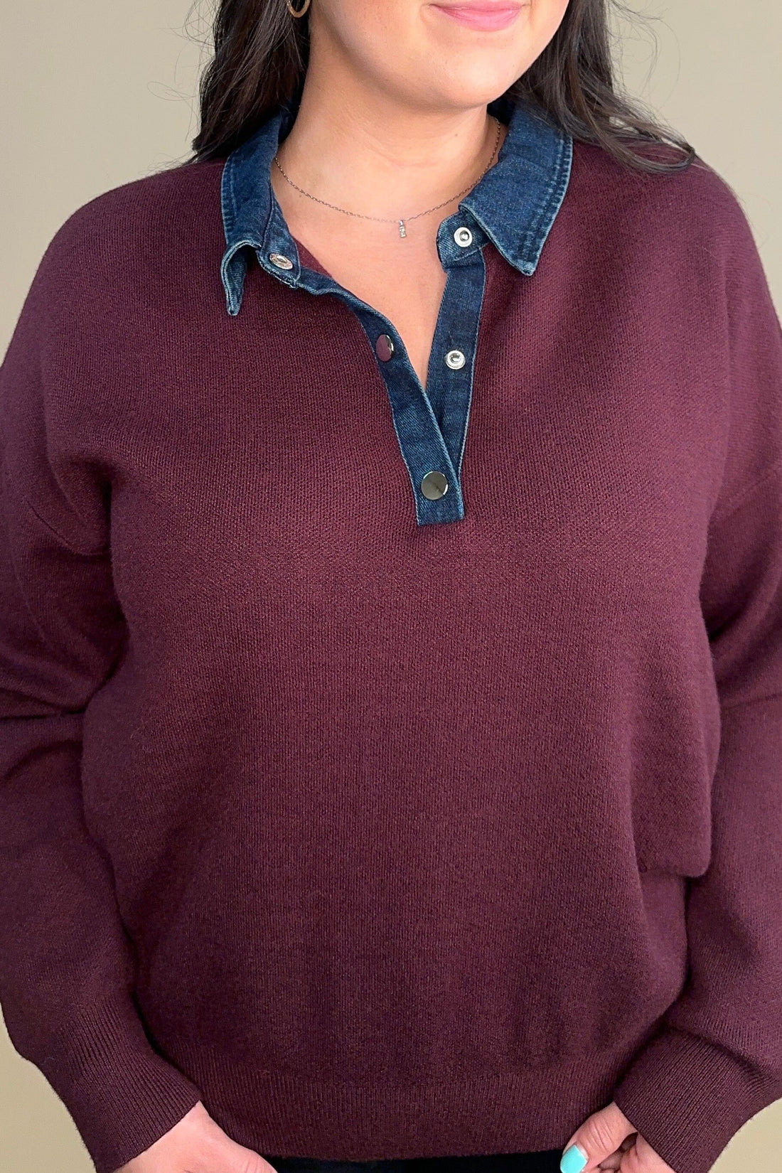 Long Sleeve Drop Shoulder Polo Sweater W/ Denim Shirt Collar And Placket MISSY TOP SPECIAL CHARLIEB
