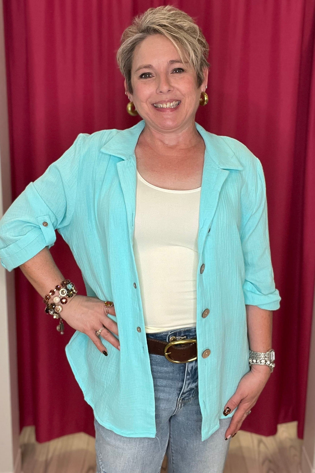 Gauze 3/4 Sleeve Top w/Big & Little Buttons MISSY TOP SPECIAL CREATION