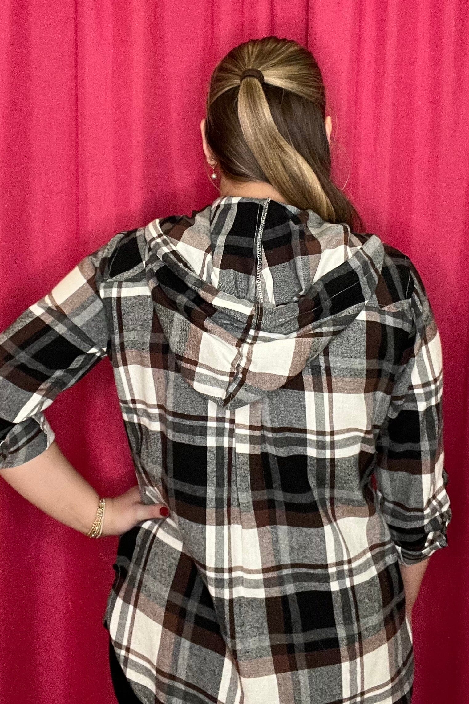 Long Sleeve Flannel Button Down w/Hood MISSY TOP SPECIAL KEREN HART
