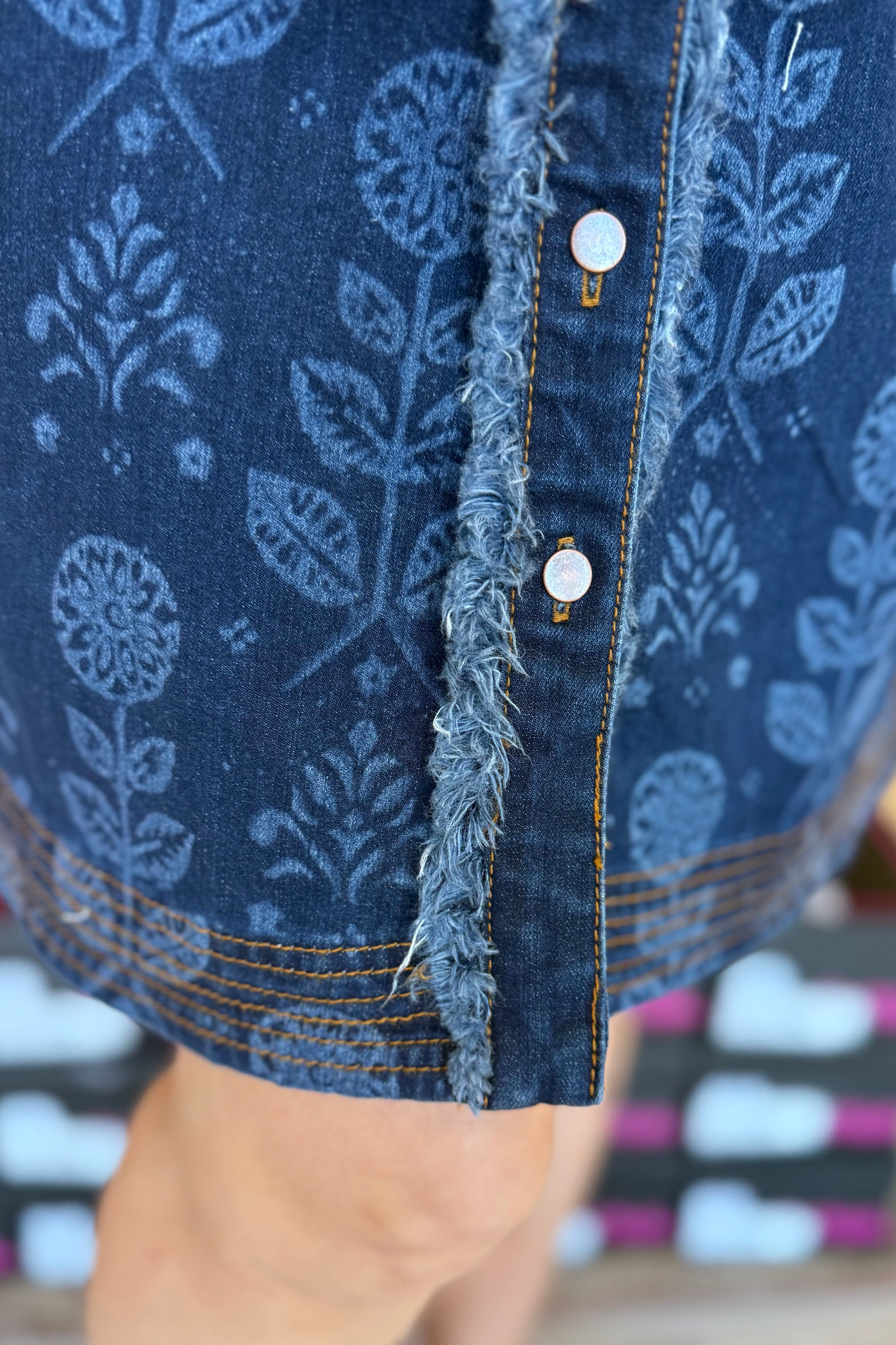 Cap Sleeve Button-Front Printed Denim Dress DRESS TRIBAL