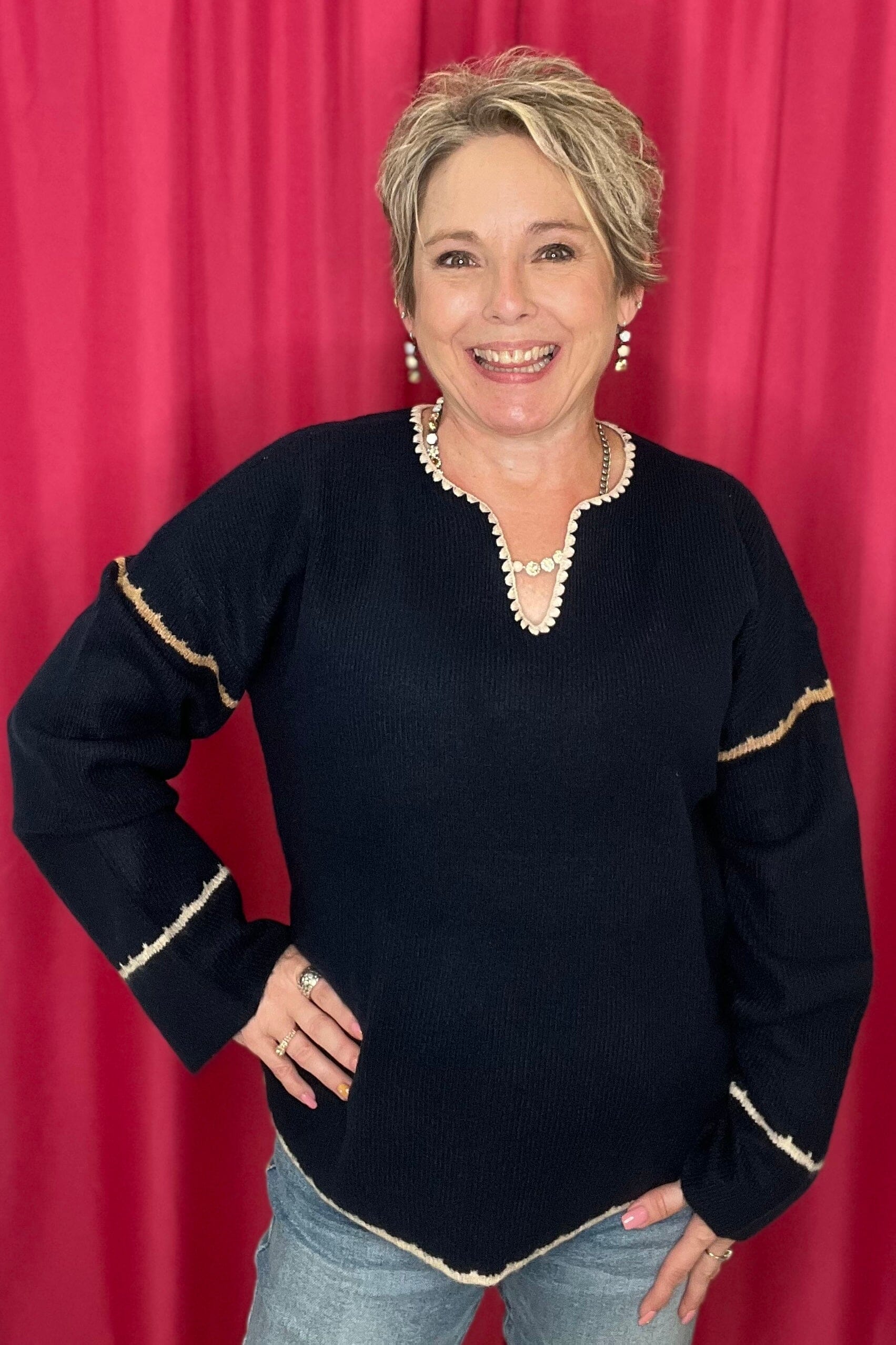 Notched Neck Rib Embroidered Sweater MISSY TOP SPECIAL CHARLIEB