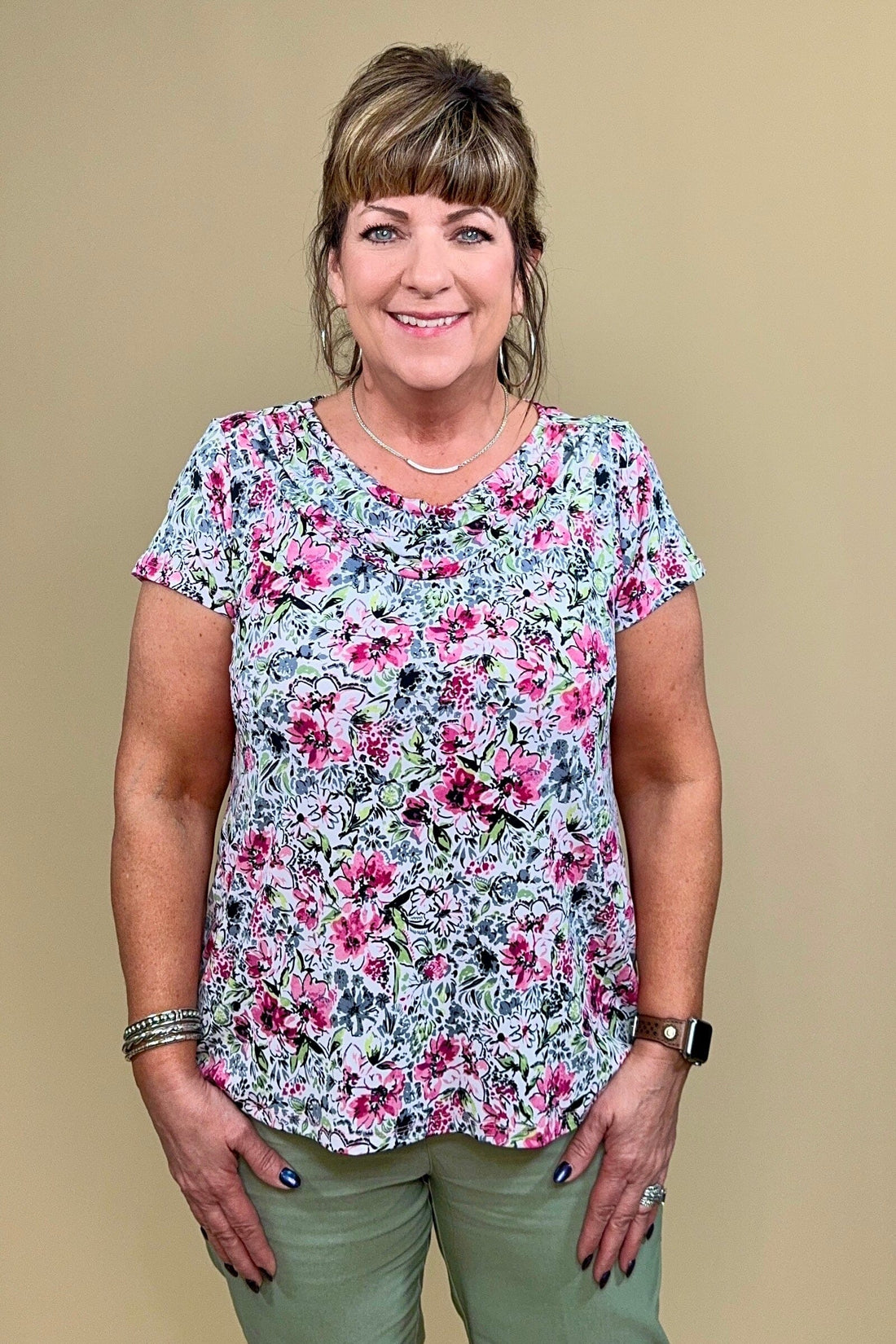 Printed Short Sleeve Cowl Neck Top MISSY TOP SPECIAL SOUTHERN LADY