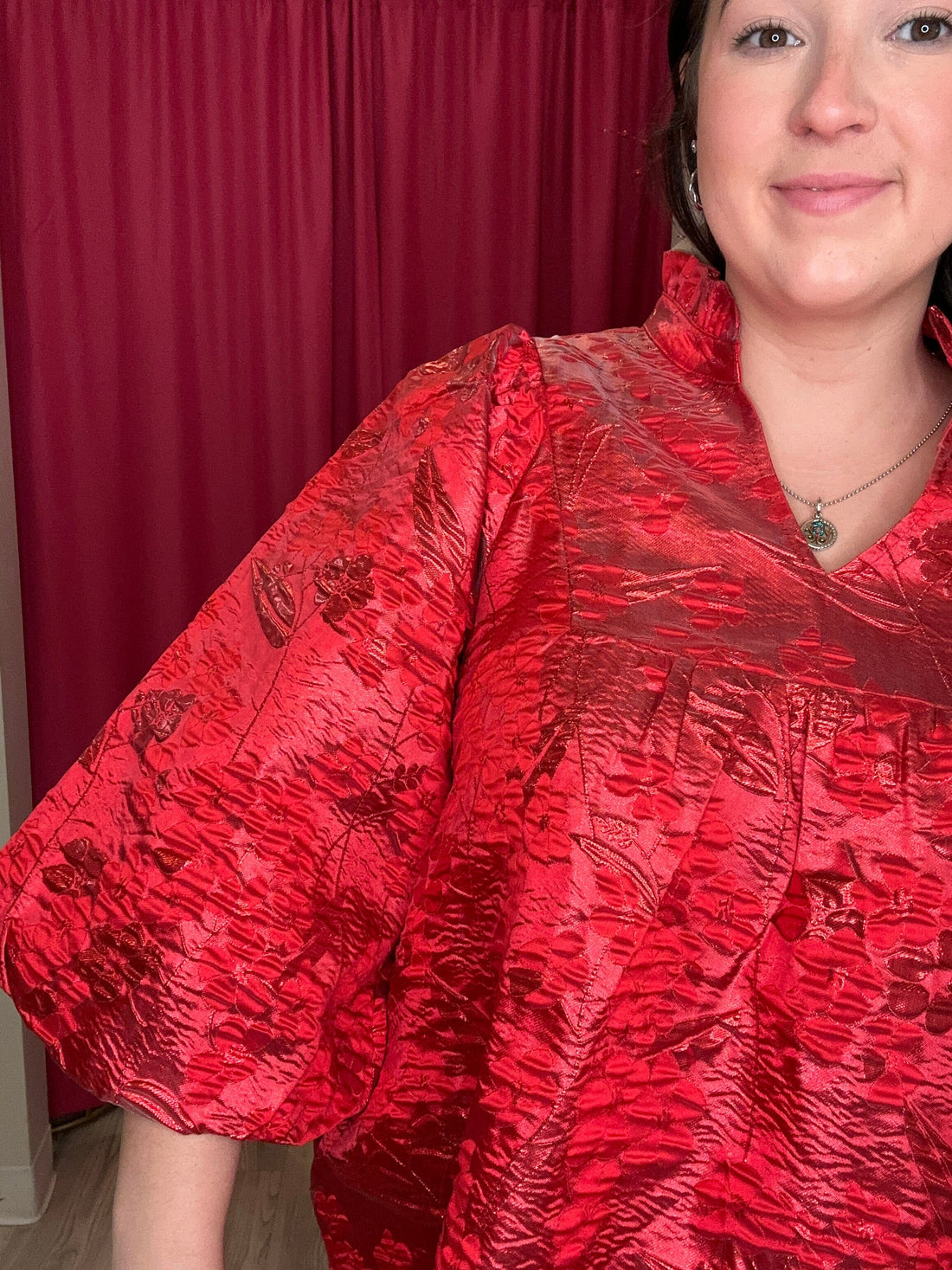 Metallic Short Puff Sleeve V-Neck Dress DRESS JODIFL