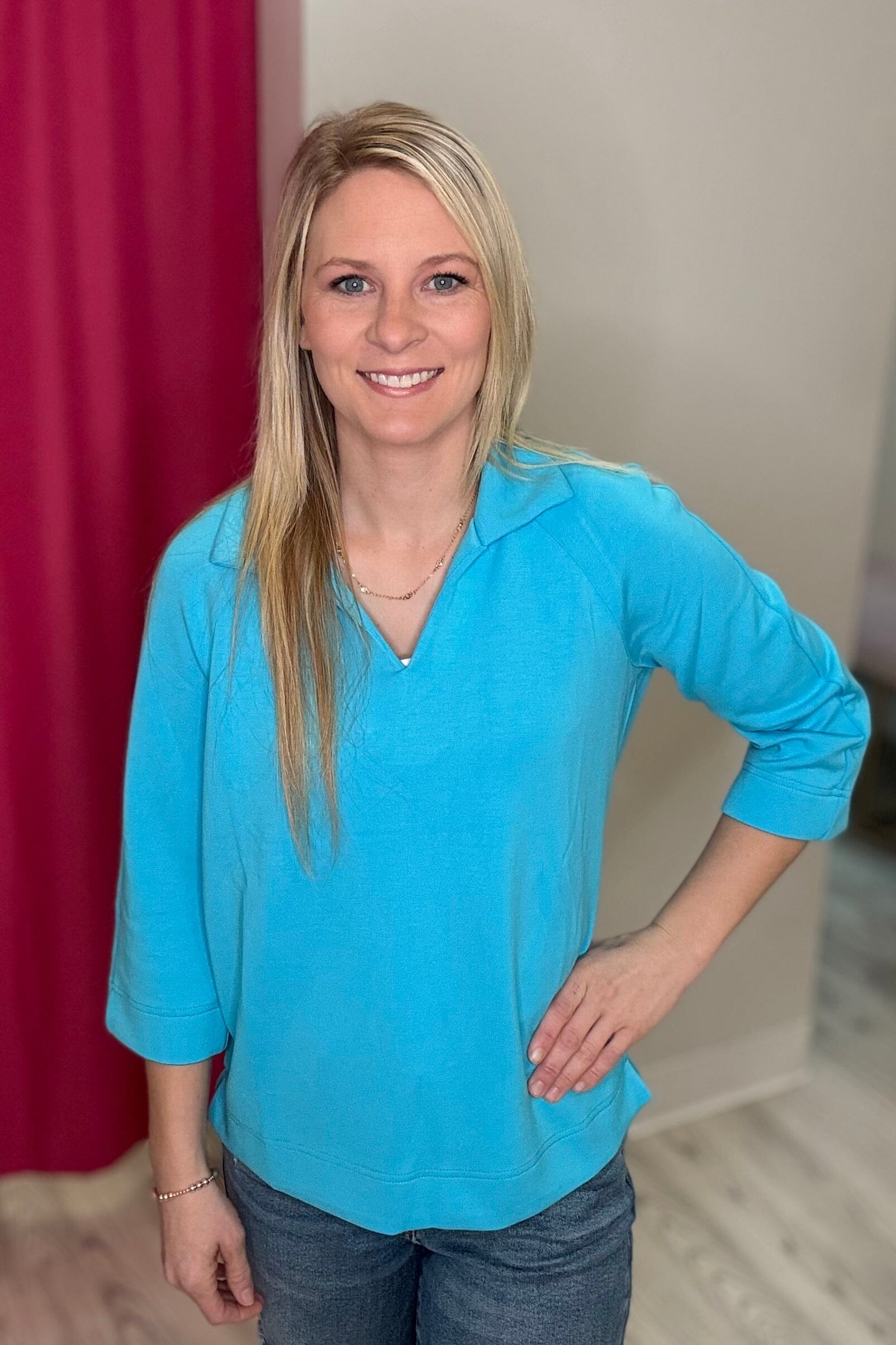 3/4 Sleeve Buttery Soft Techno Collar Polo Top MISSY BASIC KNIT TRIBAL AQUA XS