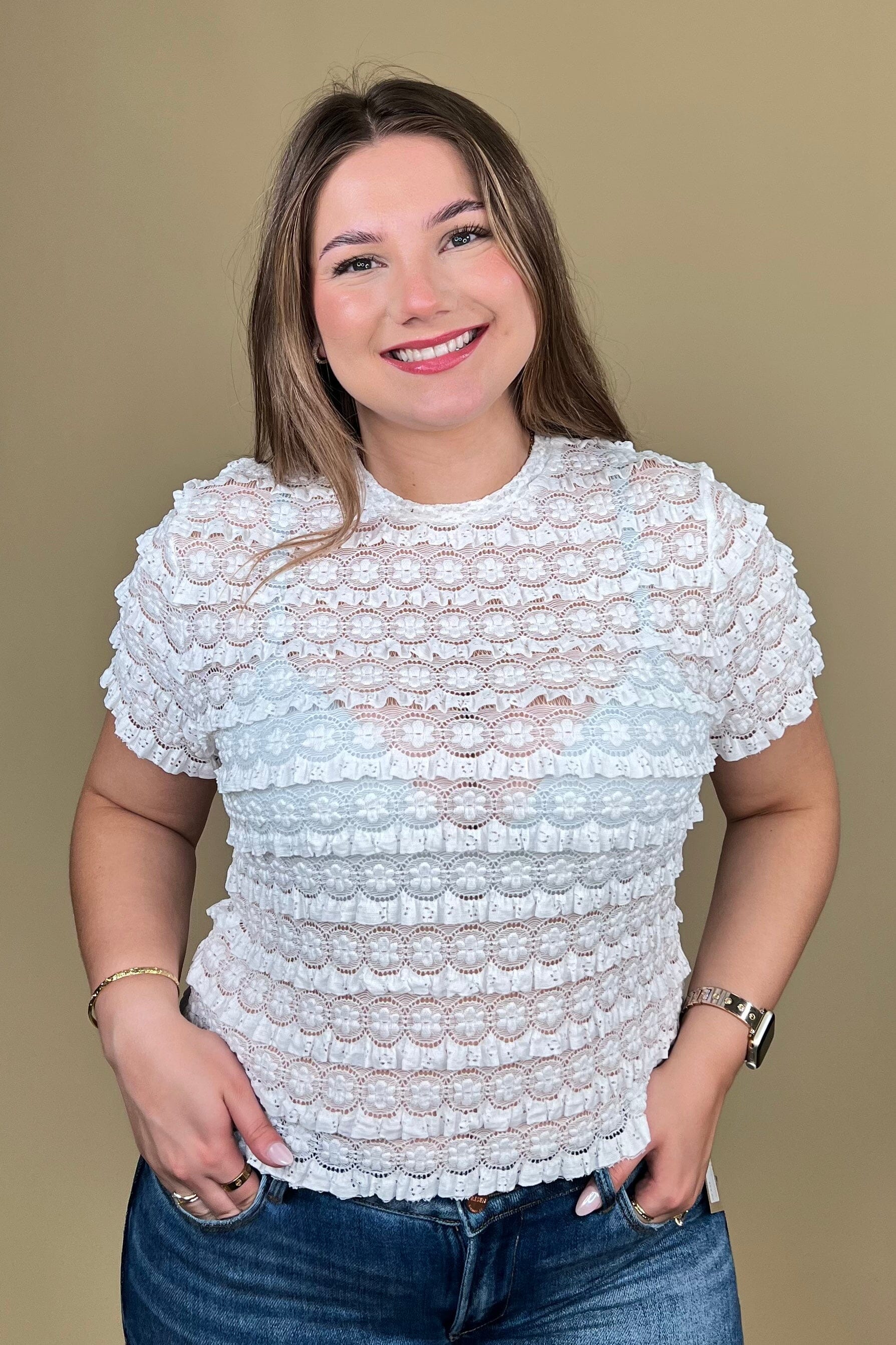 Ruffle Lace Short Sleeve Top JRTOP CASUAL TOP:~~Unassigned~~ DAVI&DANI