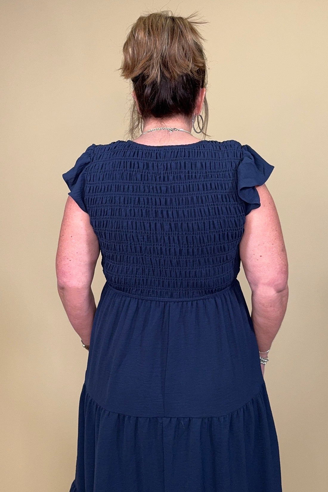 Flutter Sleeve V Neck Smocked Midi Dress DRESS BLUPEPPER
