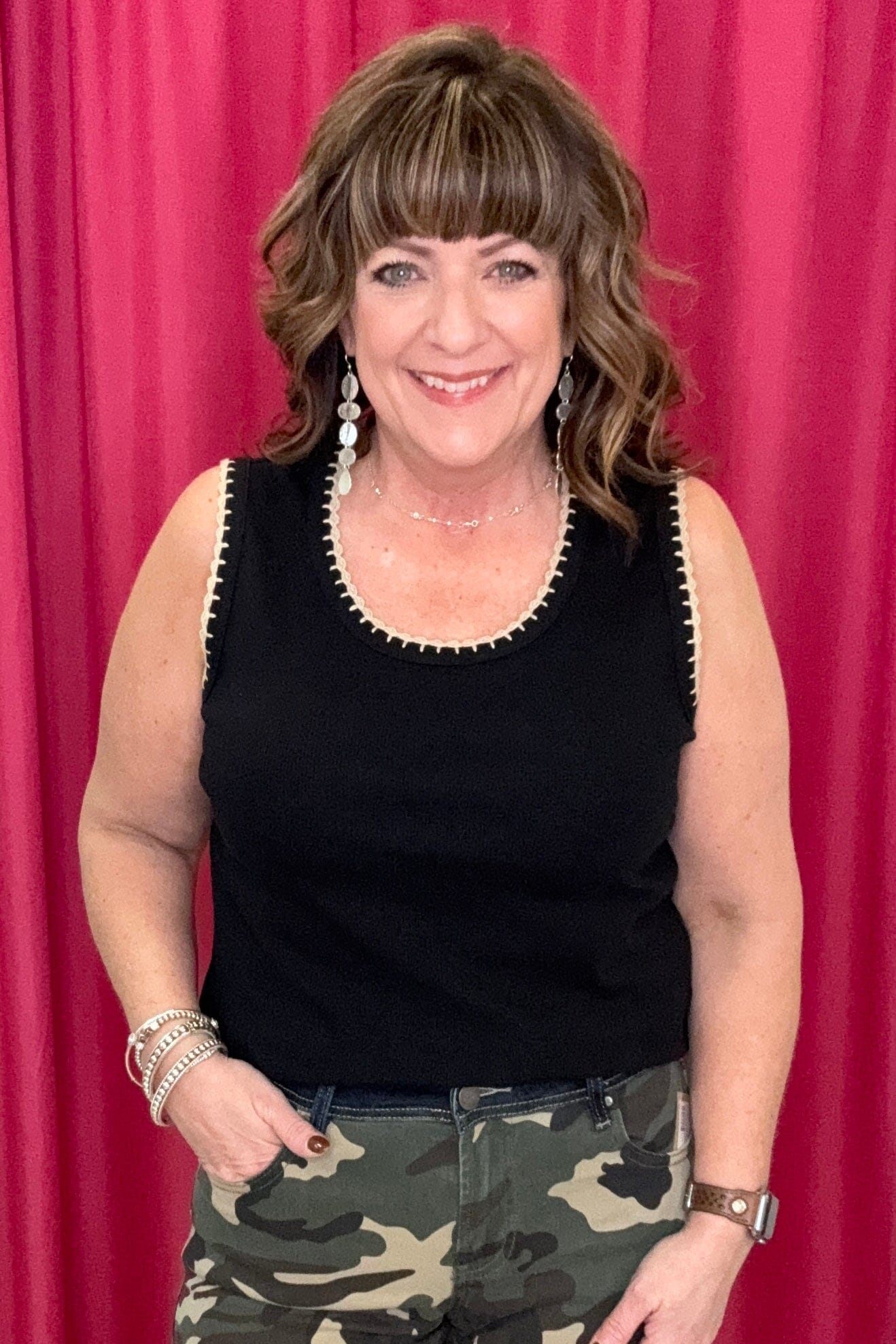 Sleeveless Top w/Crochet Trim MISSY TOP SPECIAL TRIBAL BLACK XS