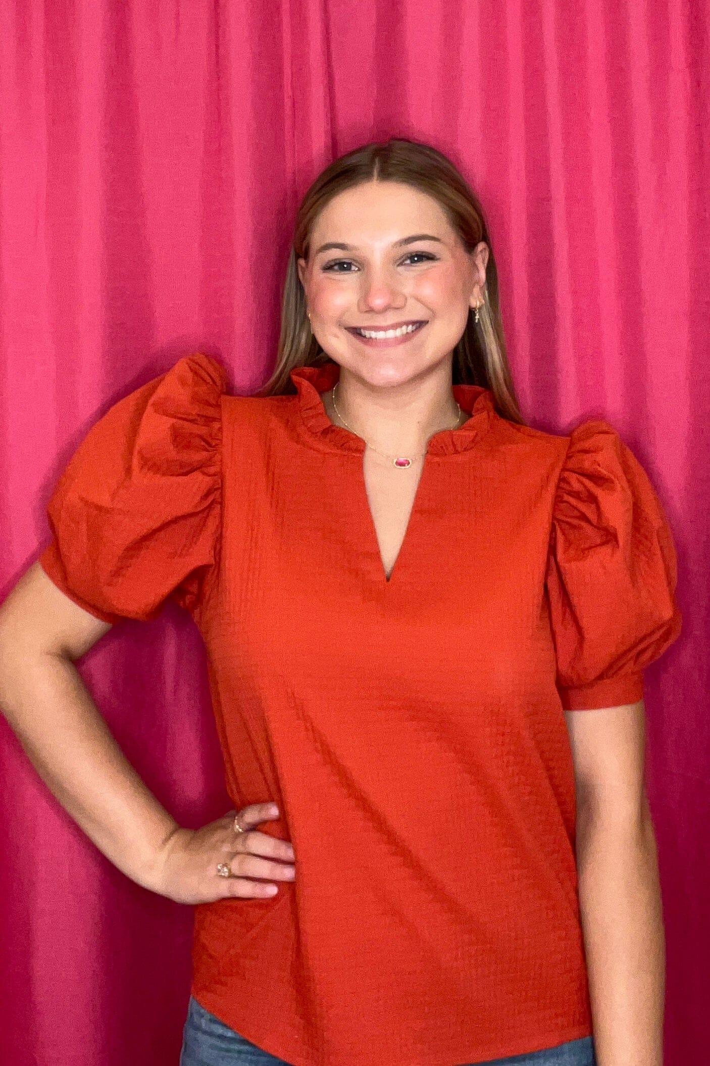 Ruffle V-Neck Puff Sleeve Top JR TOP DRESSY GLAM