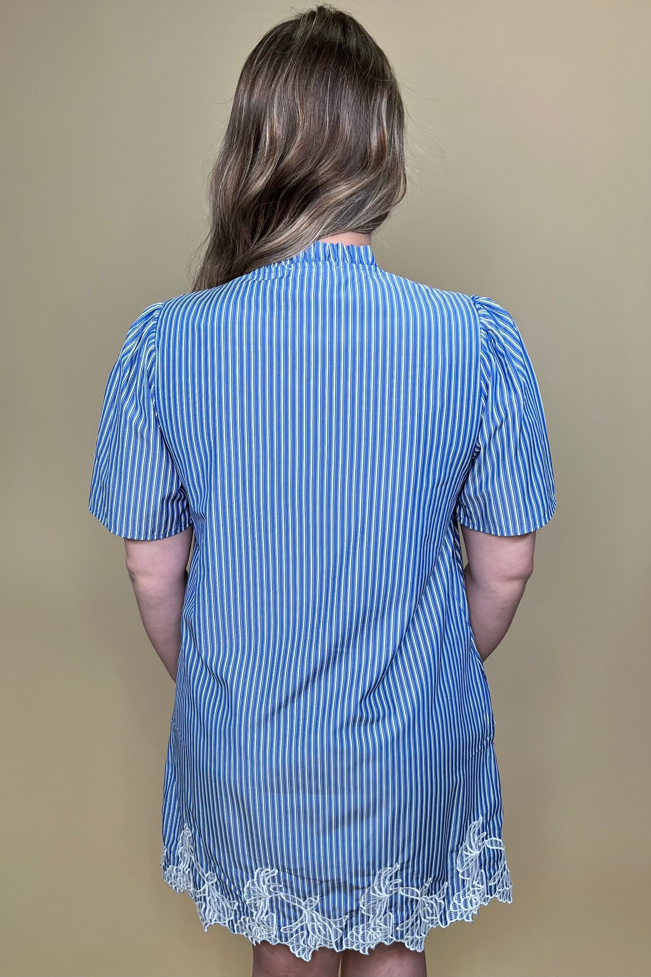 Short Sleeve Woven Striped Embroidered Hem Mini Dress w/Pockets DRESS SHE&SKY