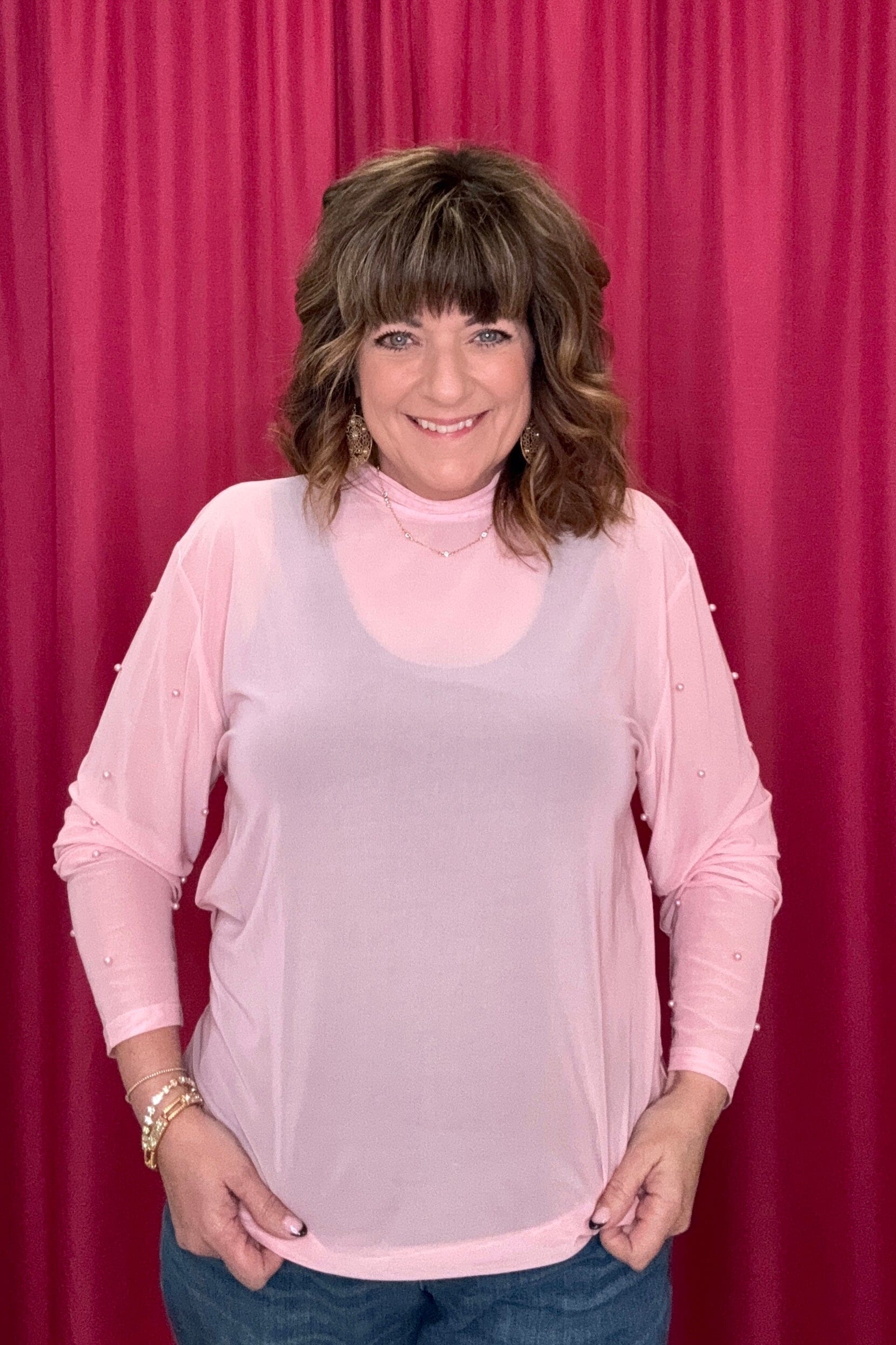 Long Sleeve Mesh w/Pearl Sleeve Detail MISSY BASIC KNIT SOUTHERN GRACE PINK S