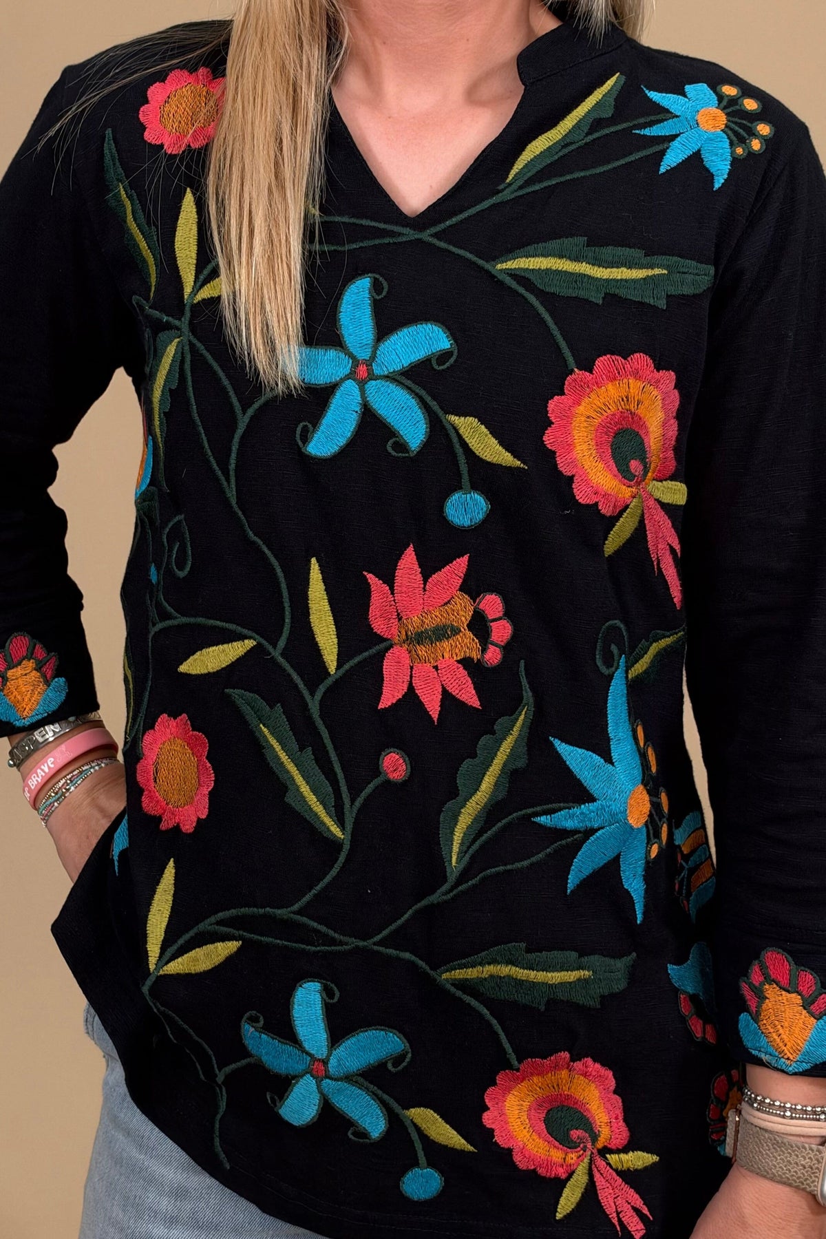 3/4 Sleeve V-Neck Embroidery MISSY TOP SPECIAL PARSLEY & SAGE