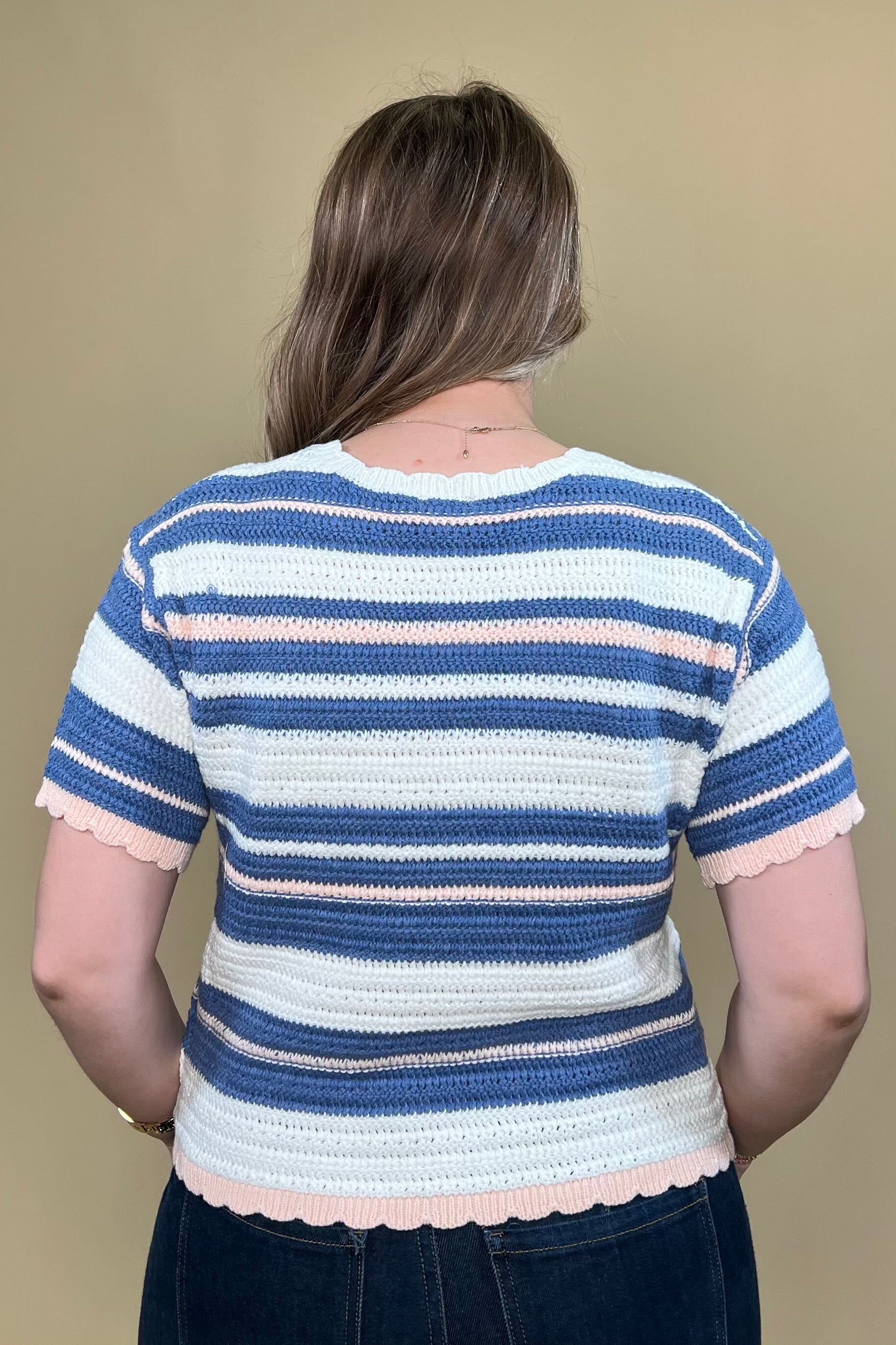Short Sleeve Textured Weave Stripe Sweater JRTOP CASUAL TOP HEM AND THREAD