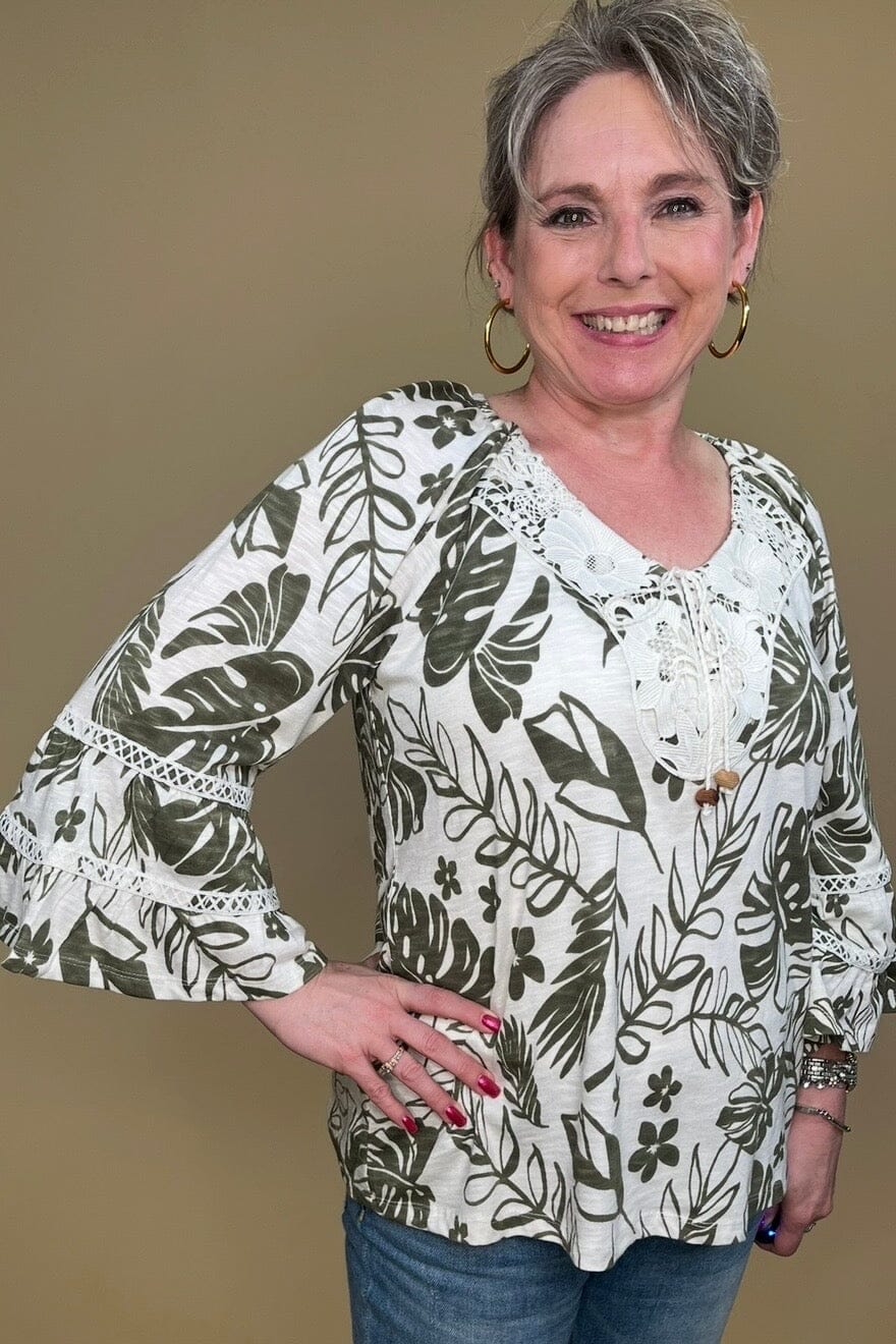 Bell Sleeve Printed Top w/Lace Detail MISSY TOP SPECIAL KEREN HART