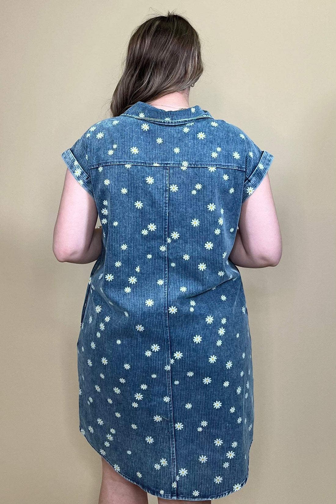 Folded Cuff Button Down Collared Denim Dress DRESS SHE&SKY