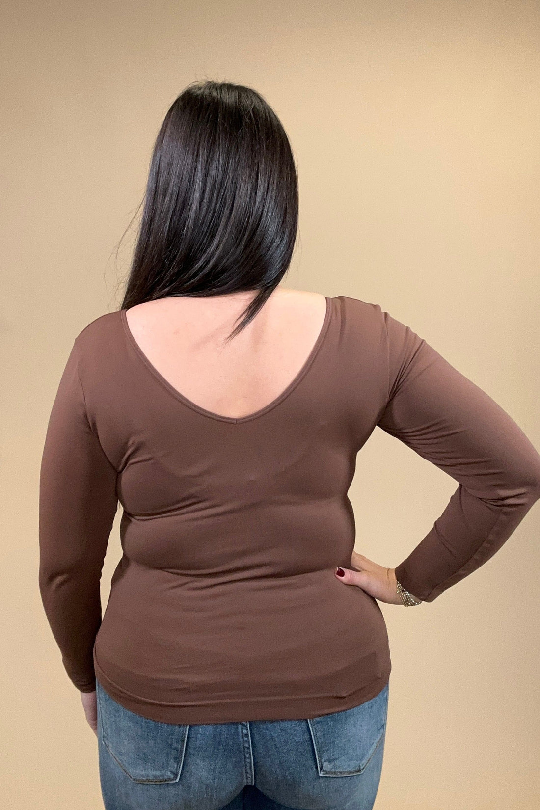 Long Sleeve Seamless Reversible V/Scoop Top MISSY BASIC KNIT YELETE