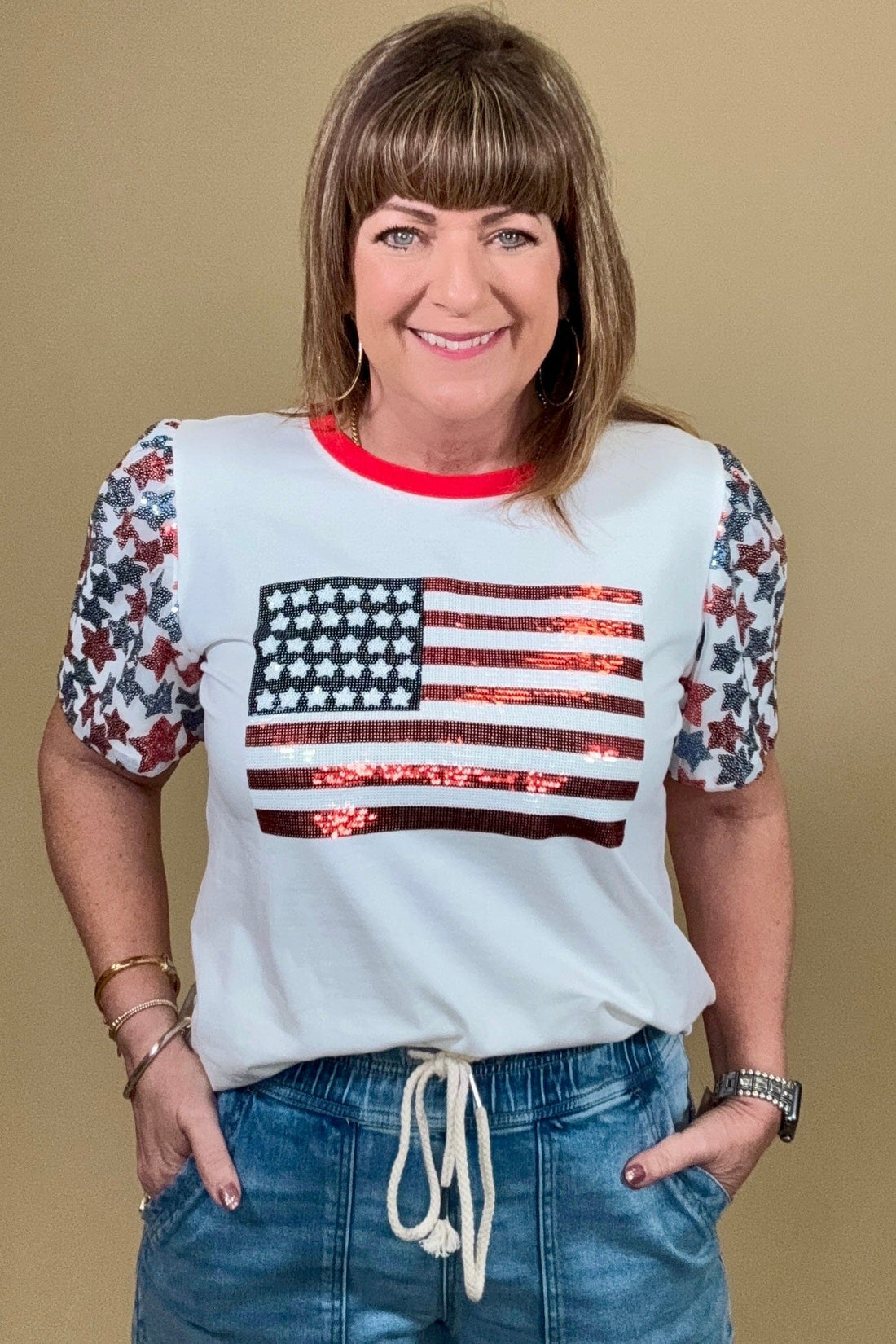 Sequin Flag w/Star Sleeves JRTOP CASUAL TOP SOUTHERN GRACE