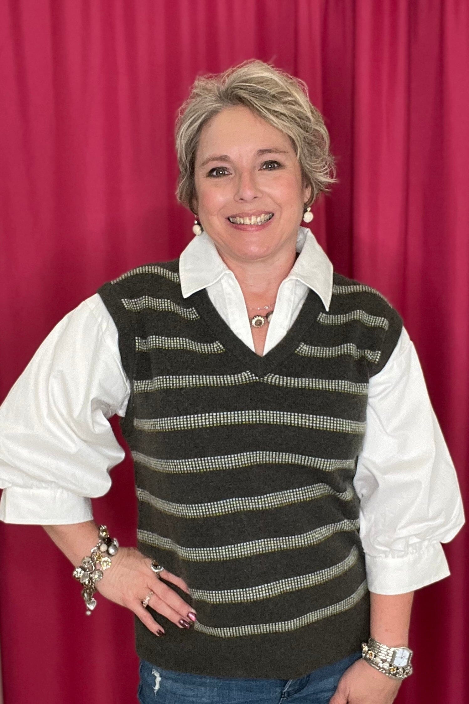 Short Sleeve V-Neck Stripe 2-Fer Sweater Vest MISSY TOP SPECIAL DEMOCRACY