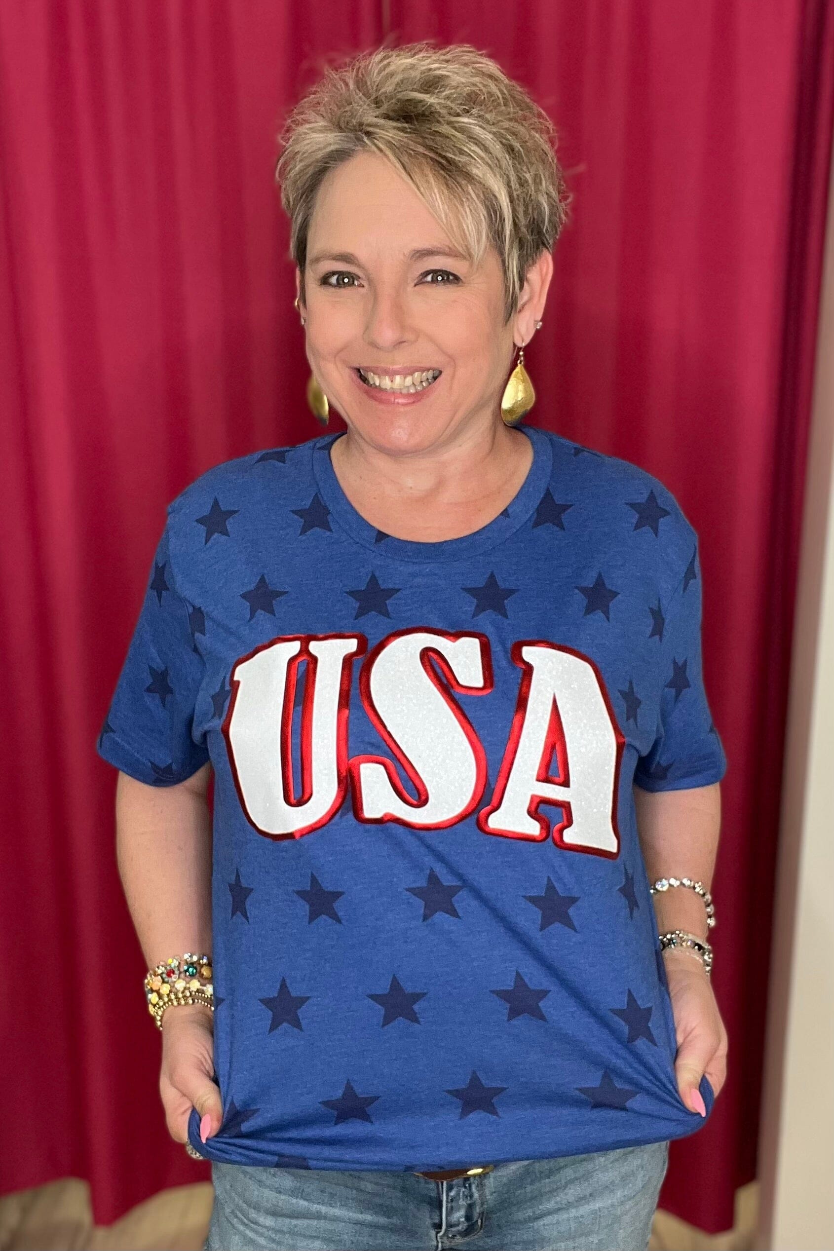 USA Glitter Puff Letters T-Shirt MISSY BASIC KNIT K Lane&