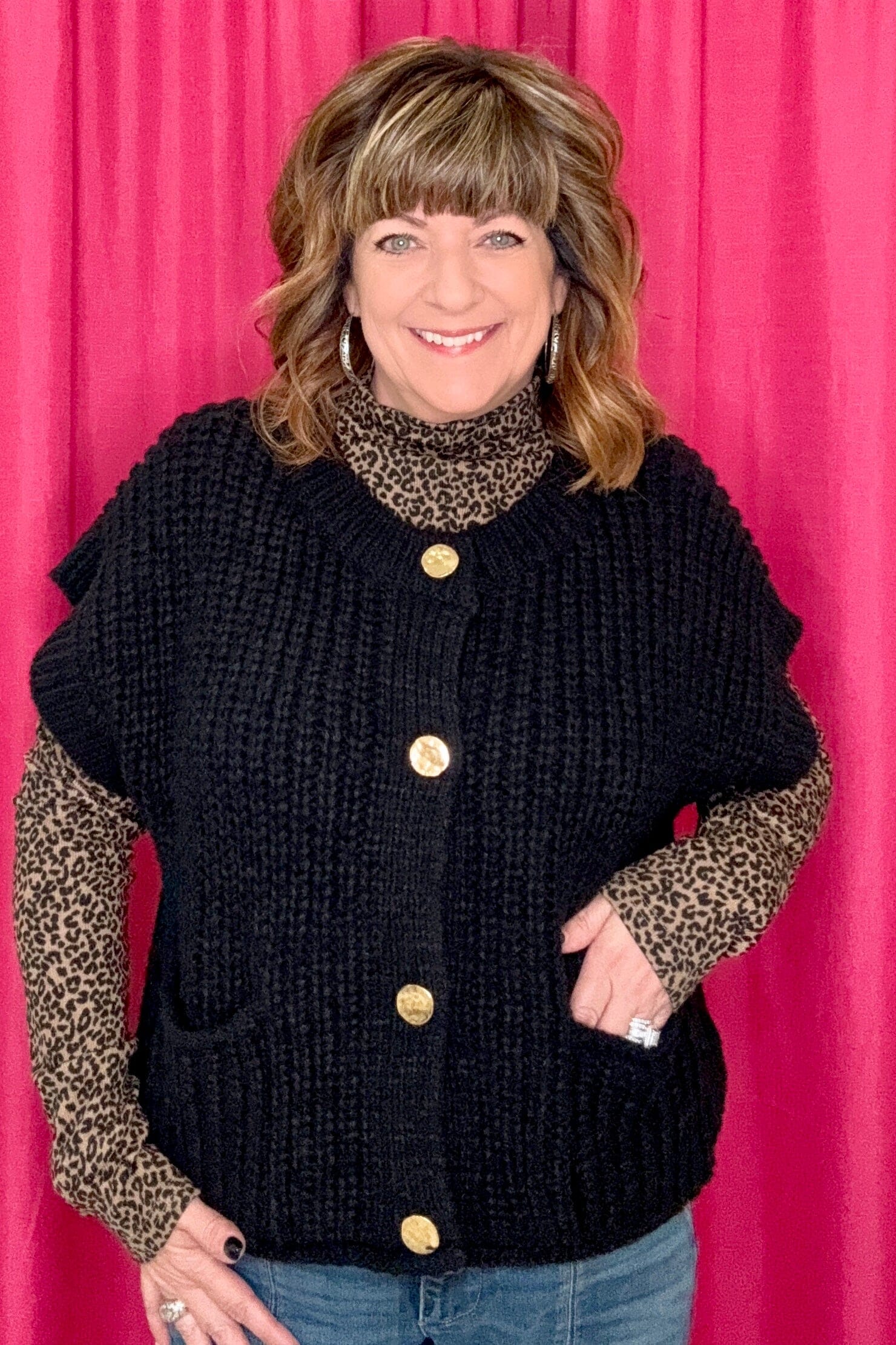 Cable Knit Vest w/Buttons & Pockets JRTOP CASUAL TOP VERYJ