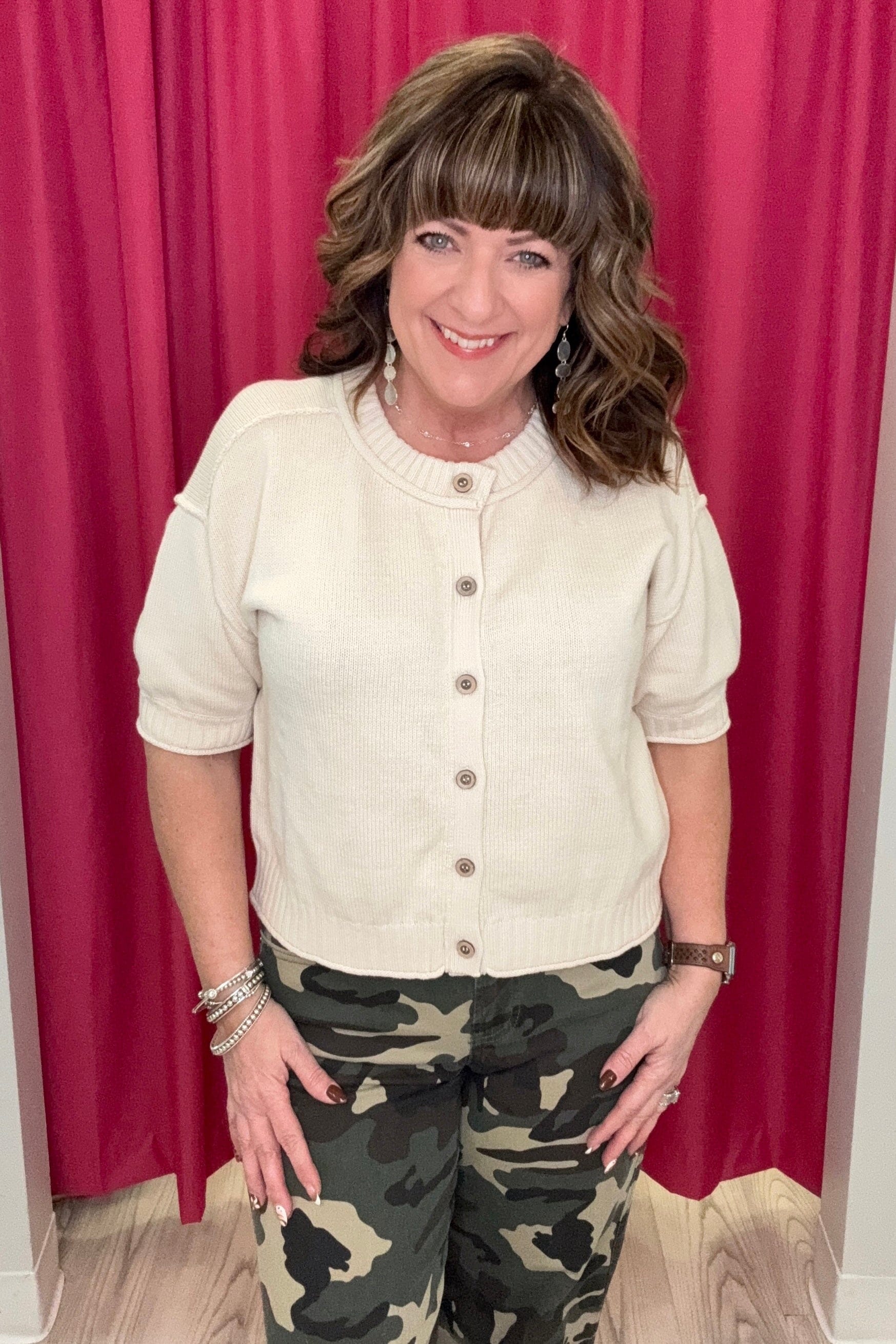 Short Sleeve Scoop Neck Button Down Sweater JRTOP CASUAL TOP BLUPEPPER