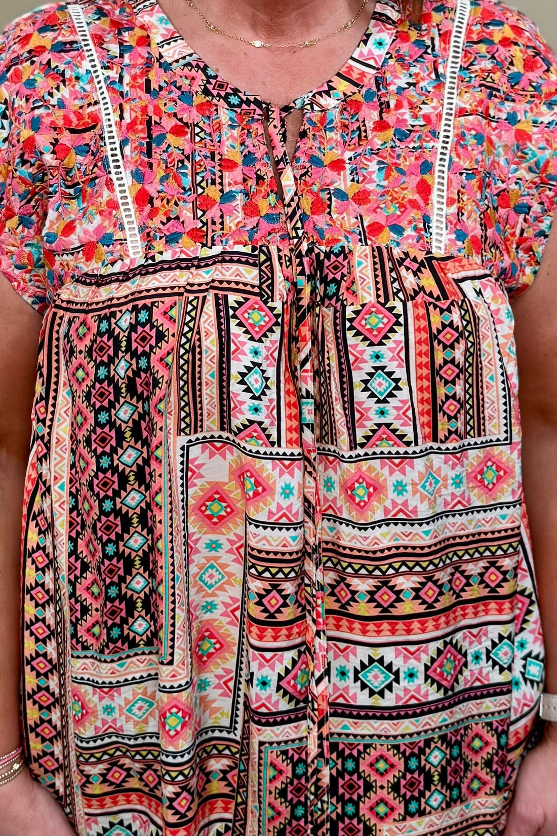 Aztec Printed Top w/Embroidery JR TOP DRESSY WHOLESALE FASHION TRENDS