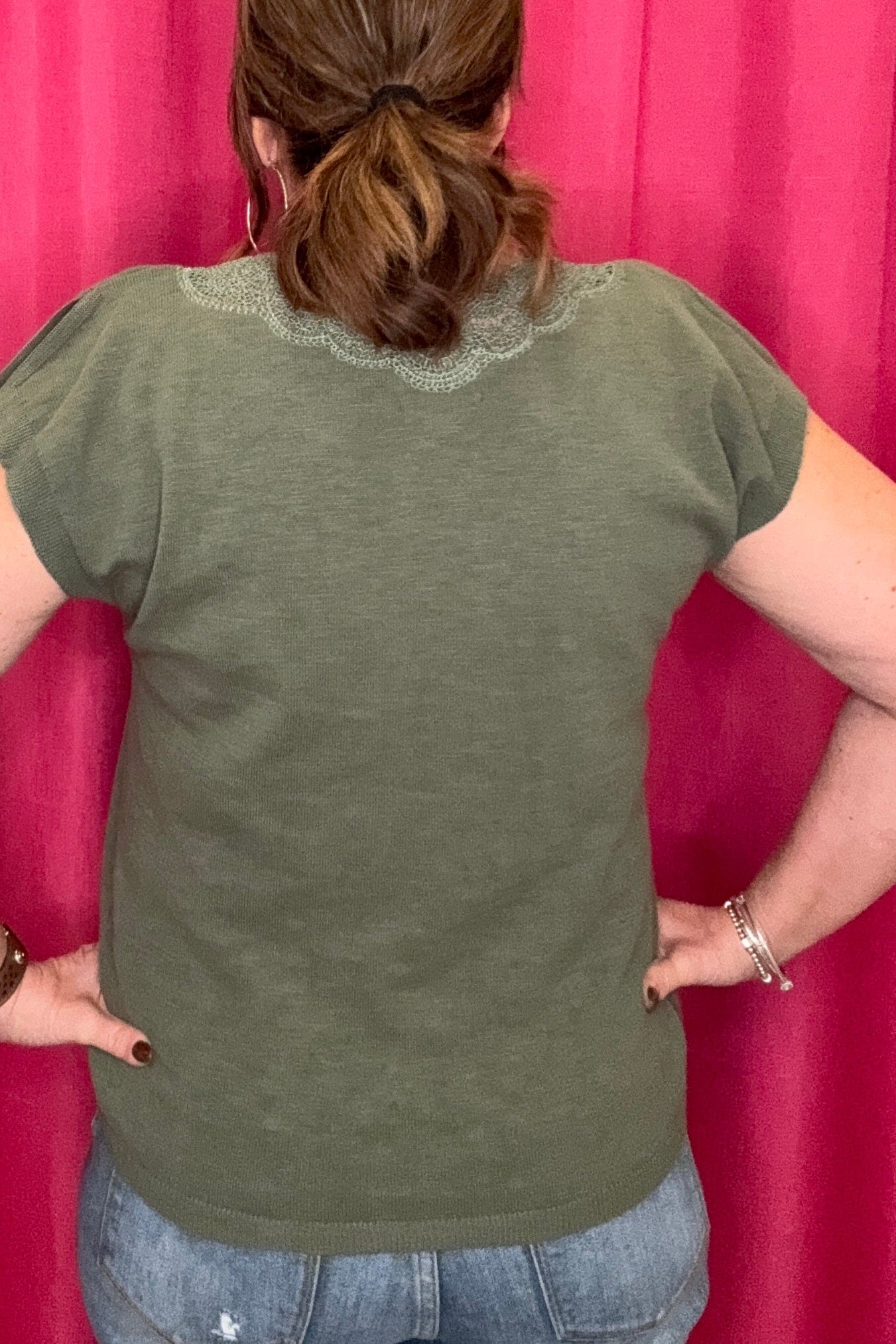 Short Split Sleeve Embroidered Lace V-Neck Sweater MISSY TOP SPECIAL DEMOCRACY