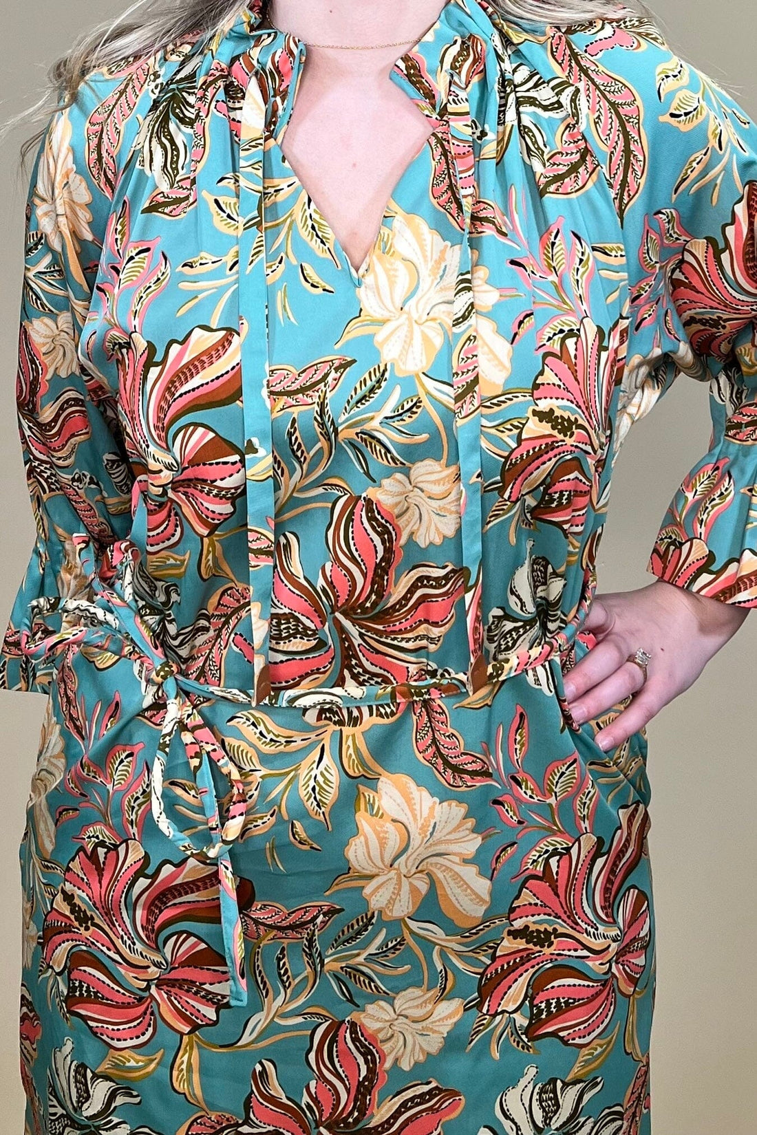 Printed 3/4 Sleeve Grosgrain Ruched Neck Dress DRESS DEMOCRACY