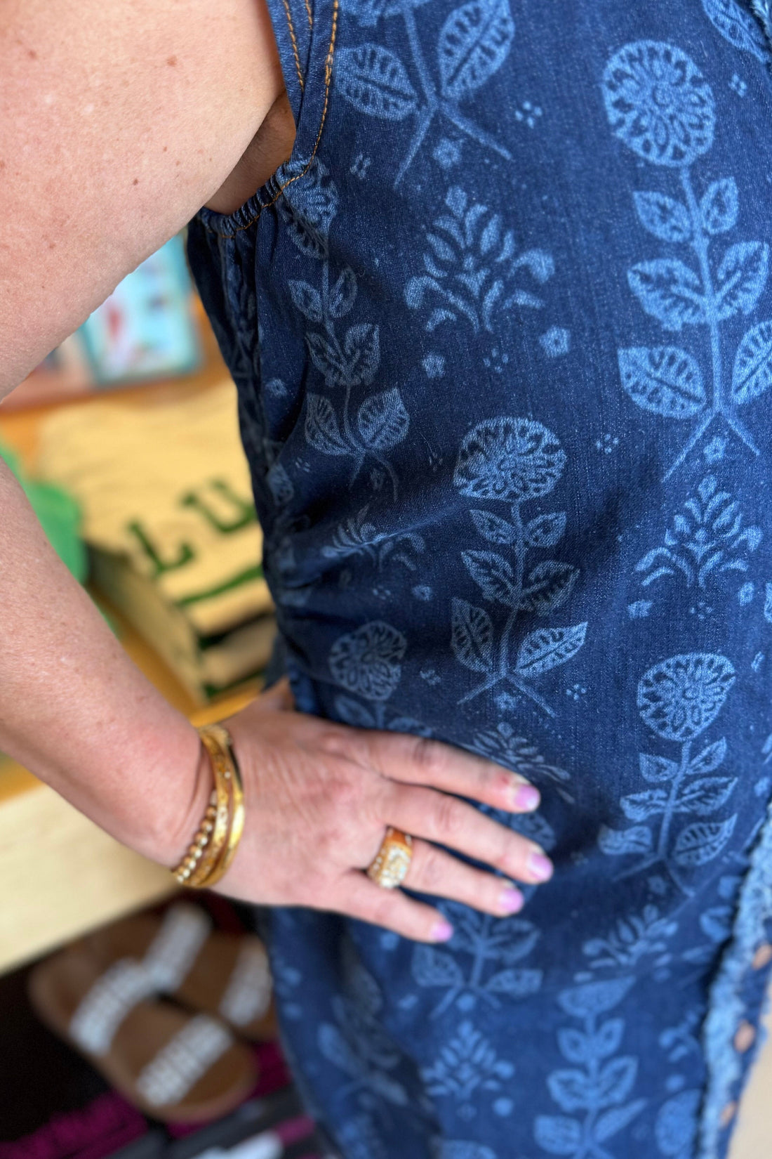 Cap Sleeve Button-Front Printed Denim Dress DRESS TRIBAL