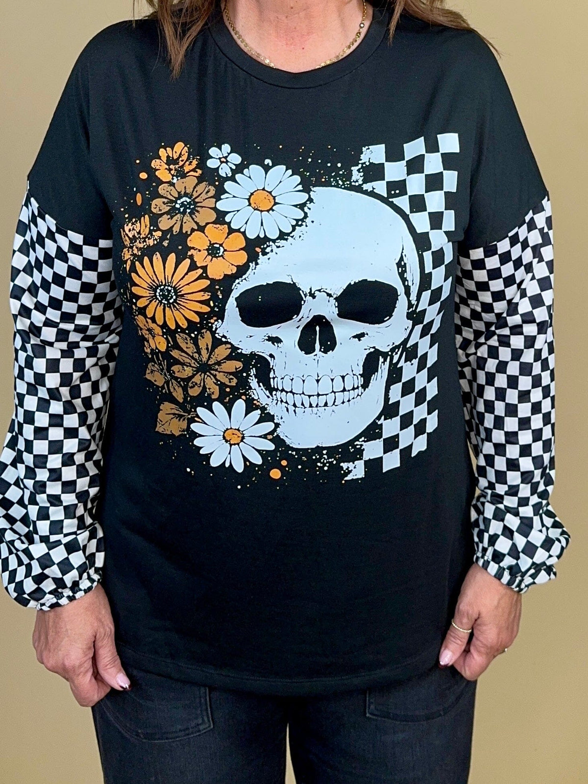 Skull & Floral Checkered Long Sleeve Top JRTOP CASUAL TOP:~~Unassigned~~ YOURFASHIONWHOL