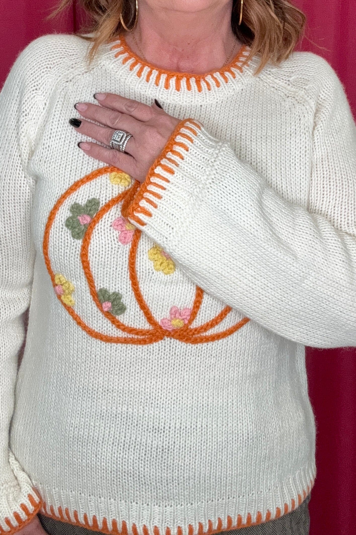 Pumpkin Floral Embroidered Thanksgiving Sweater JRTOP CASUAL TOP SO ME