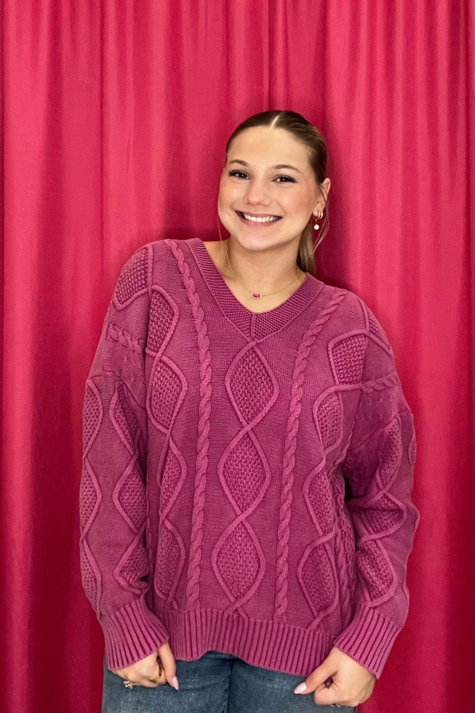 Long Sleeve Washed Cable Knit Sweater JRTOP CASUAL TOP SHE&SKY