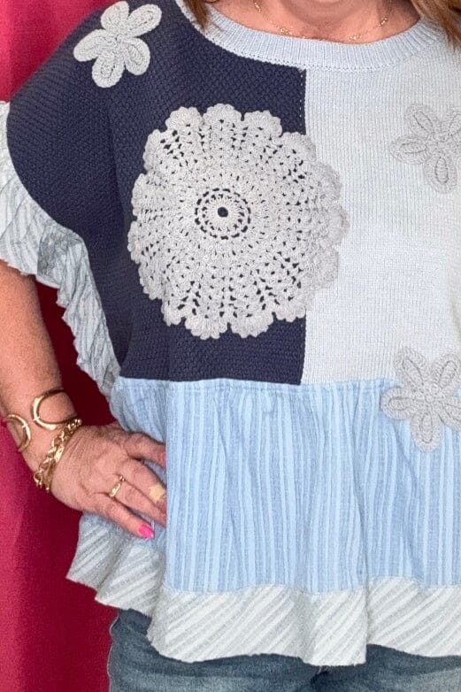 Short Sleeve Multi Fabric Top w/Crochet Flowers JRTOP CASUAL TOP DAVI&DANI