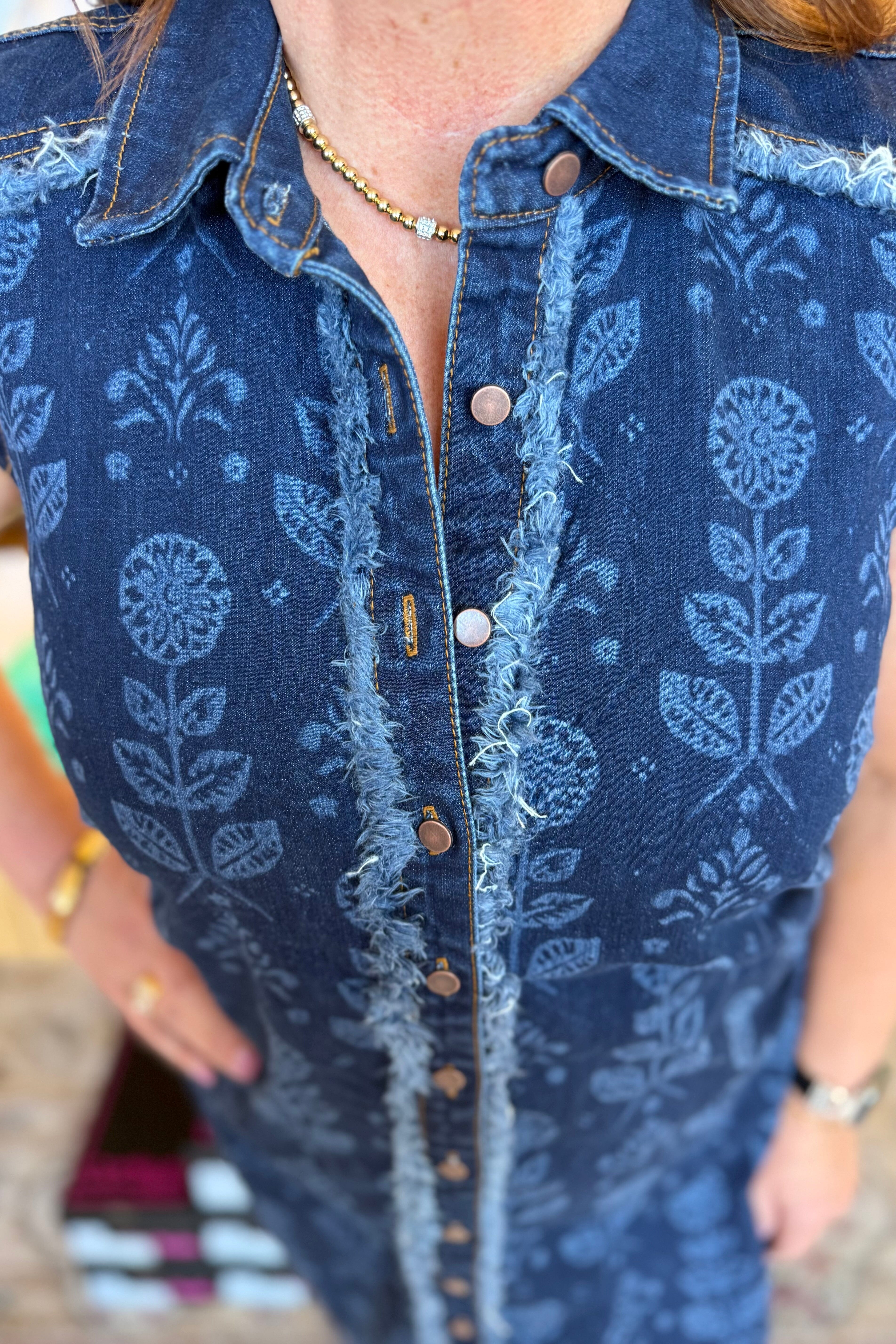 Cap Sleeve Button-Front Printed Denim Dress DRESS TRIBAL