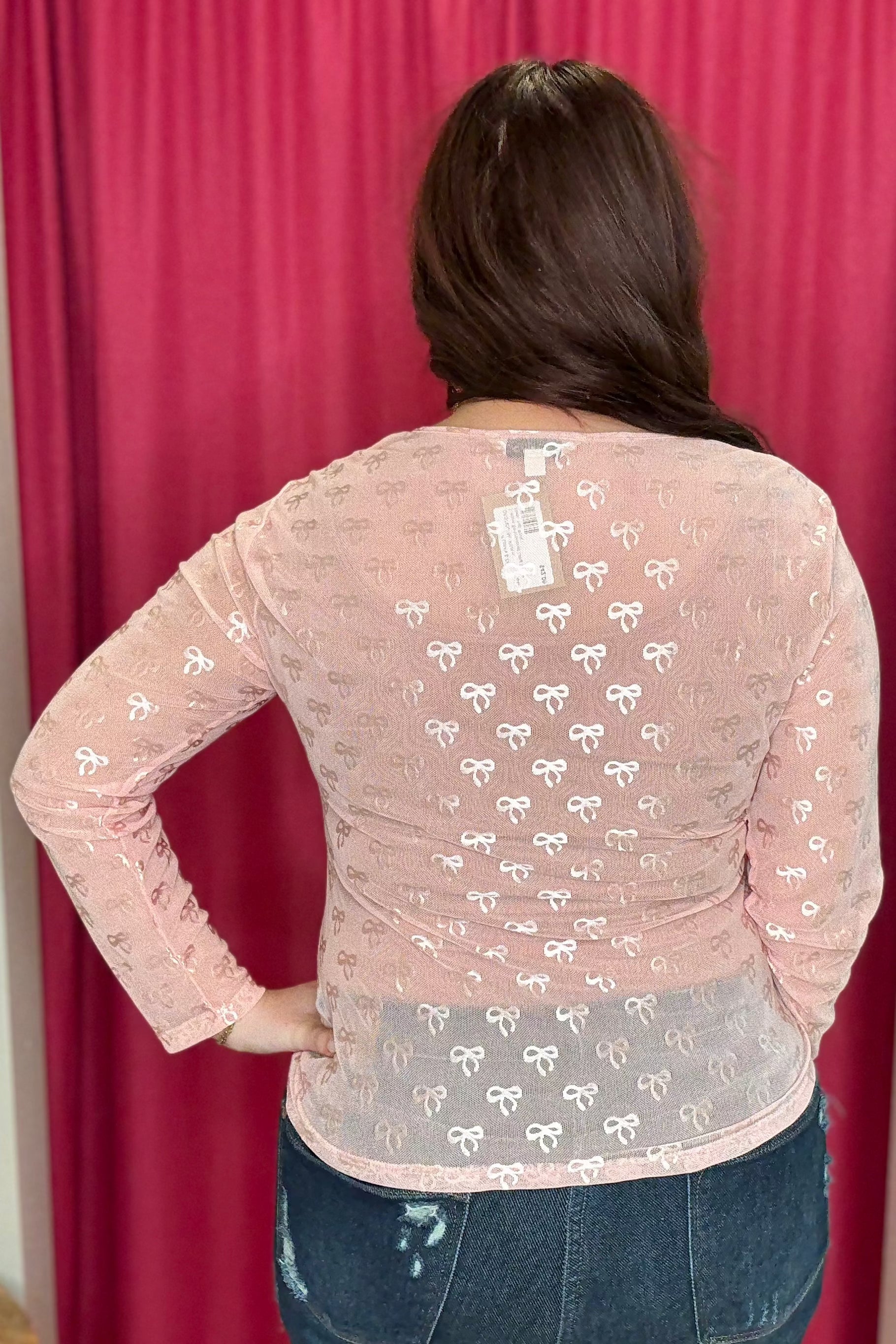 Bow Embroidered Long Sleeve Mesh Top MISSY BASIC KNIT DAVI&DANI