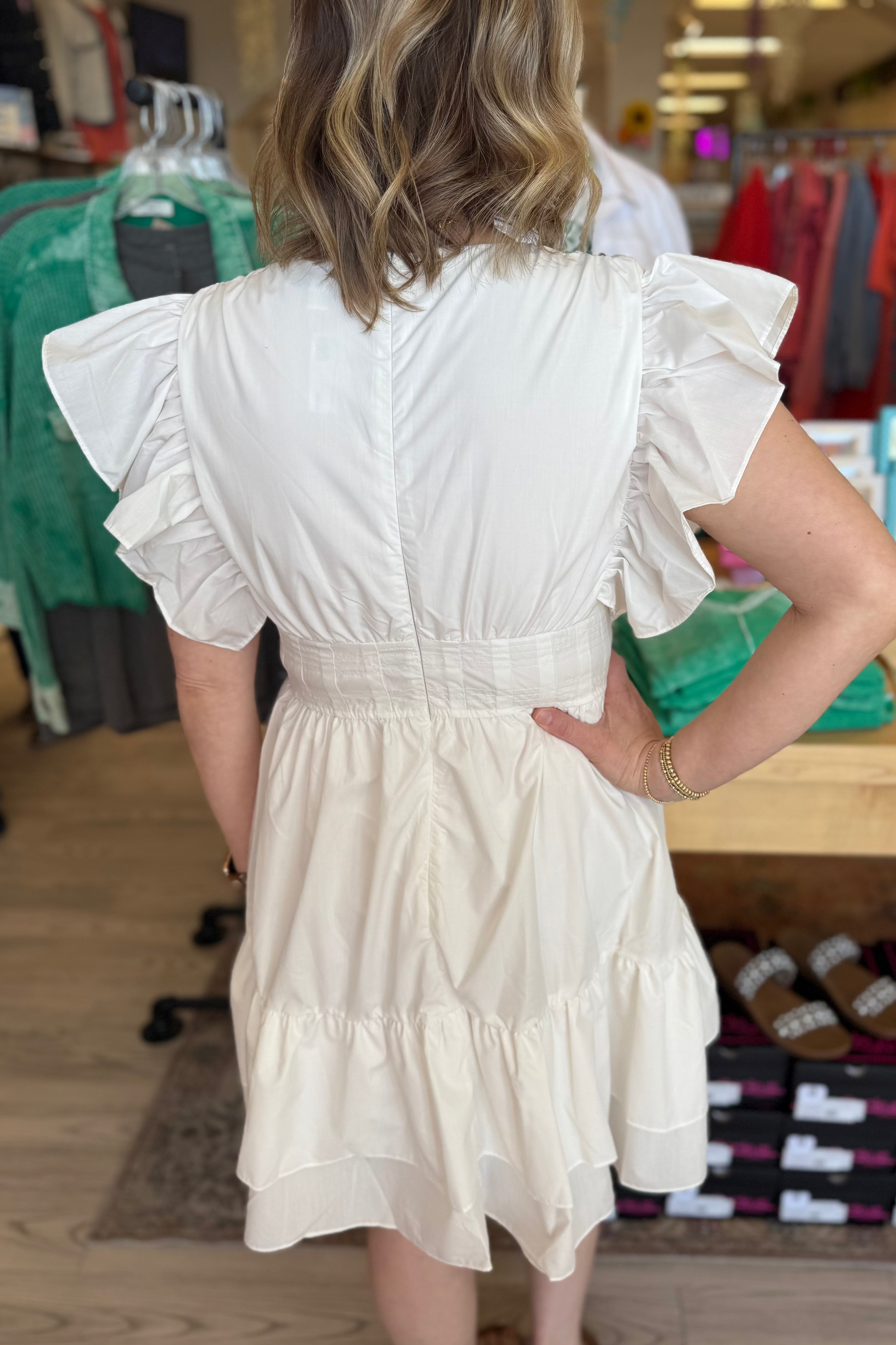 Ruffle Shoulder V-Neck Tiered Mini Dress DRESS SHE&SKY