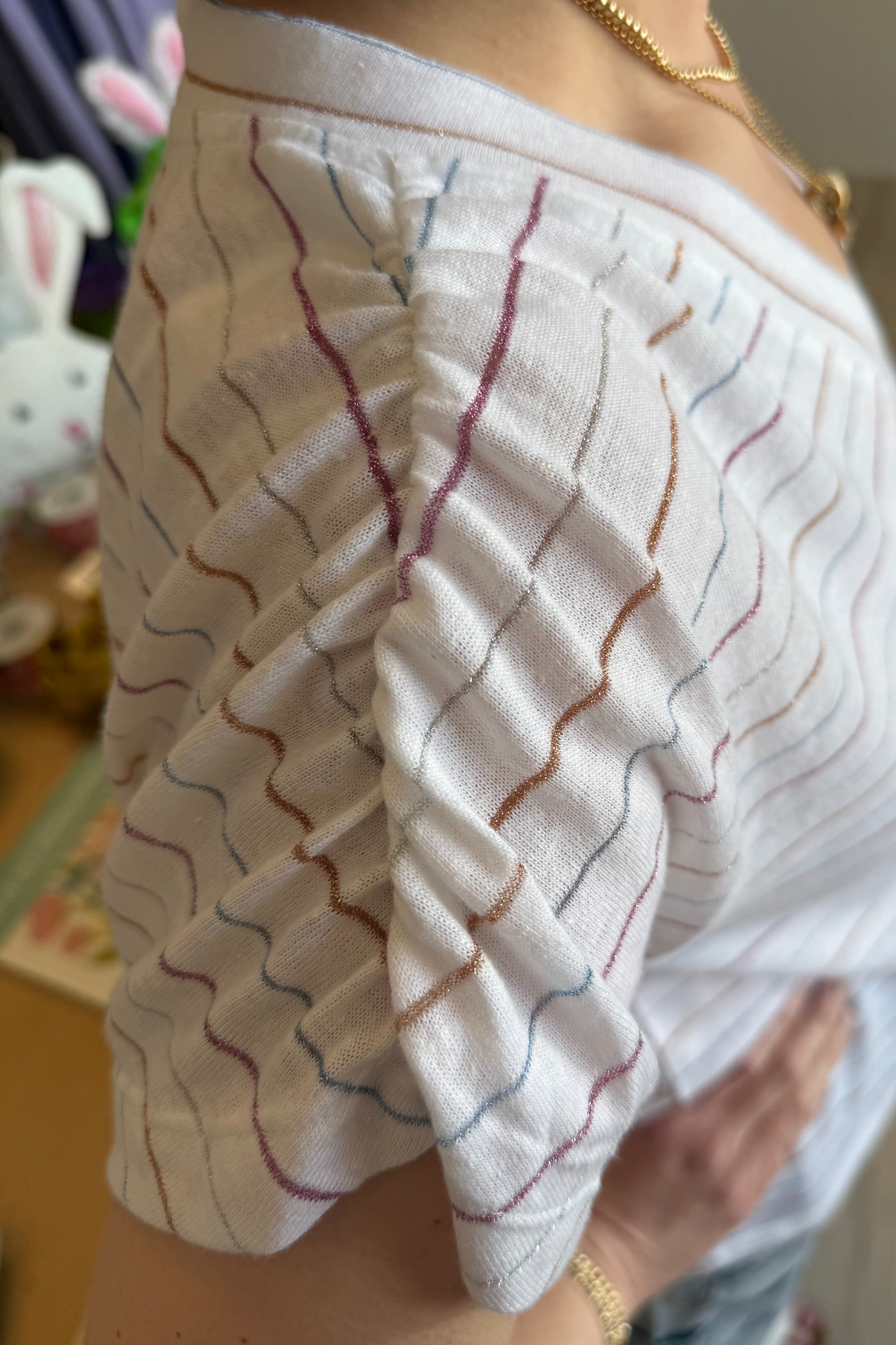 Ruched Short Sleeve V-Neck Metallic Stripe Knit Top MISSY TOP SPECIAL DEMOCRACY