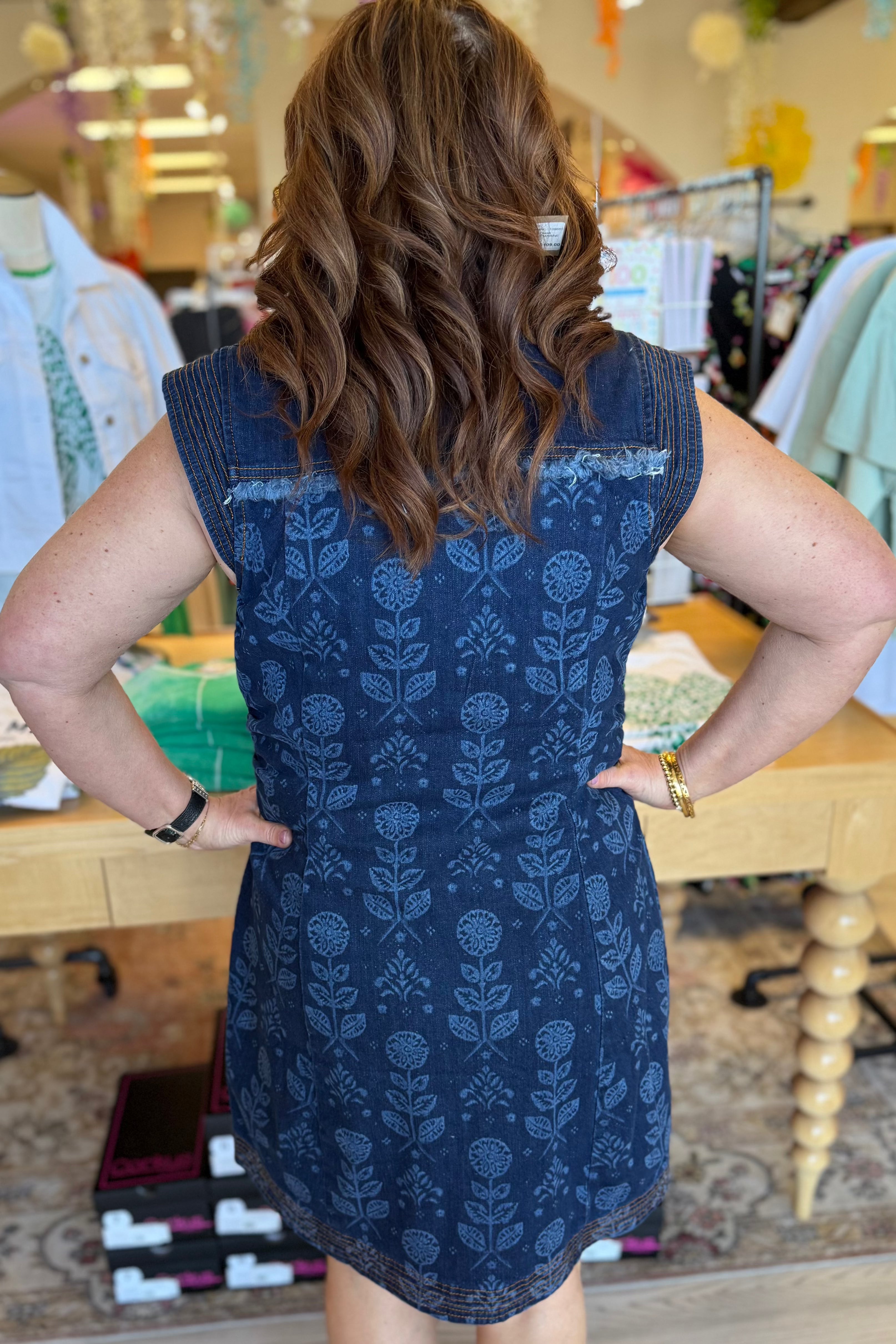 Cap Sleeve Button-Front Printed Denim Dress DRESS TRIBAL