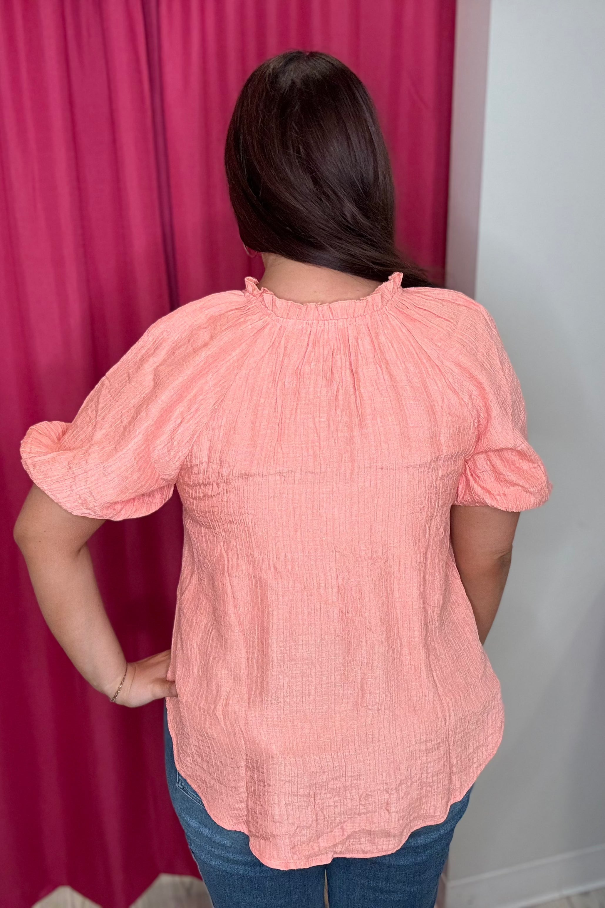 Puff Sleeve V-Neck Ruffle Top JR TOP DRESSY BLUPEPPER