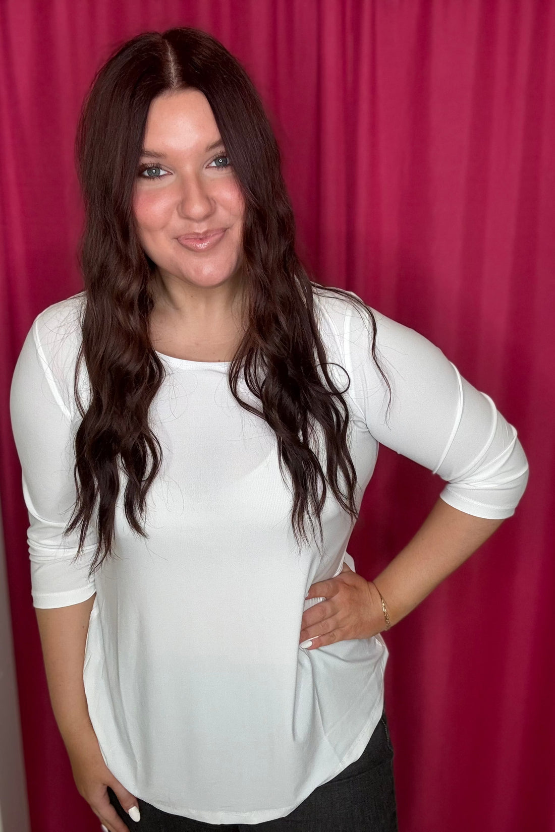 3/4 Sleeve Scoop Neck Top MISSY BASIC KNIT CREATION WHT S