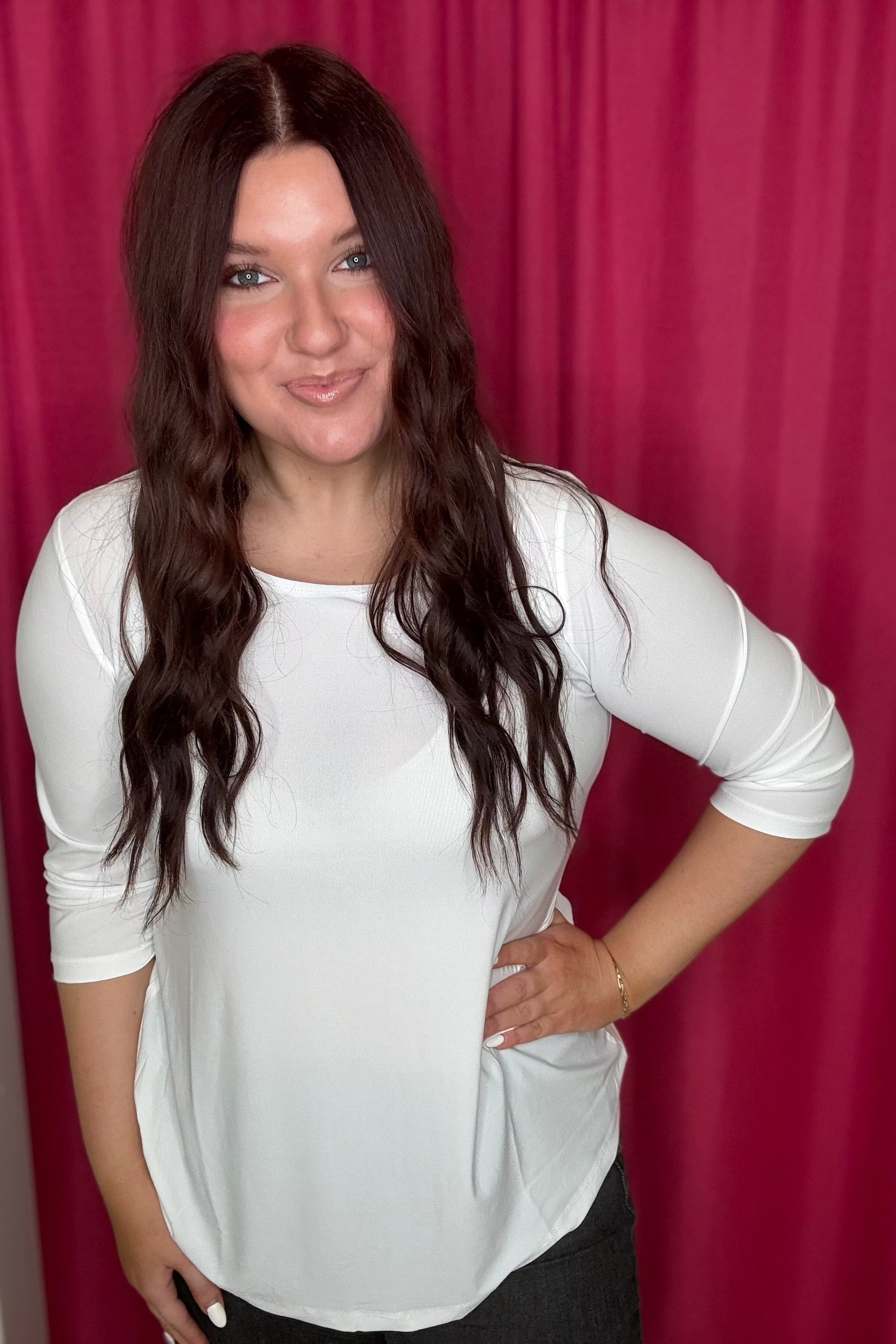 3/4 Sleeve Scoop Neck Top MISSY BASIC KNIT CREATION WHT S