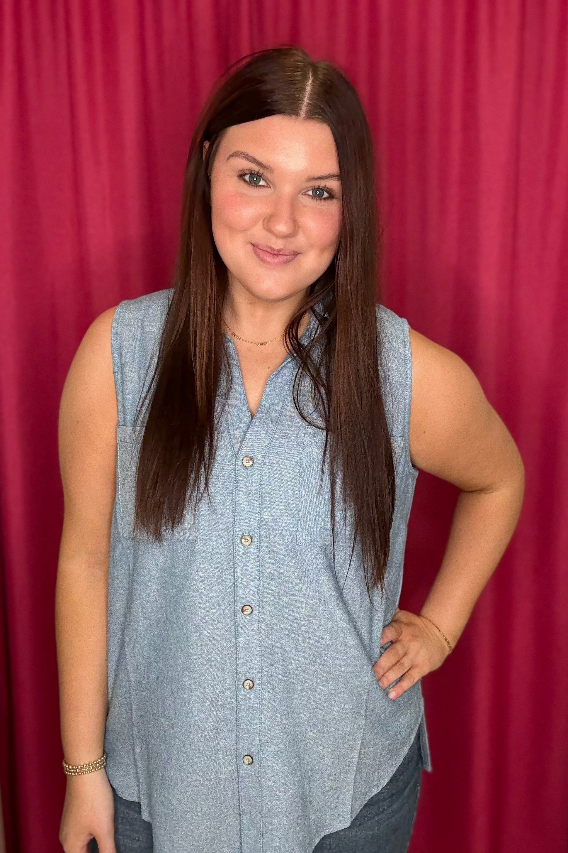 High Low Seam Button Down Sleeveless Tank with Collar MISSY TOP SPECIAL ZAC & RACHEL