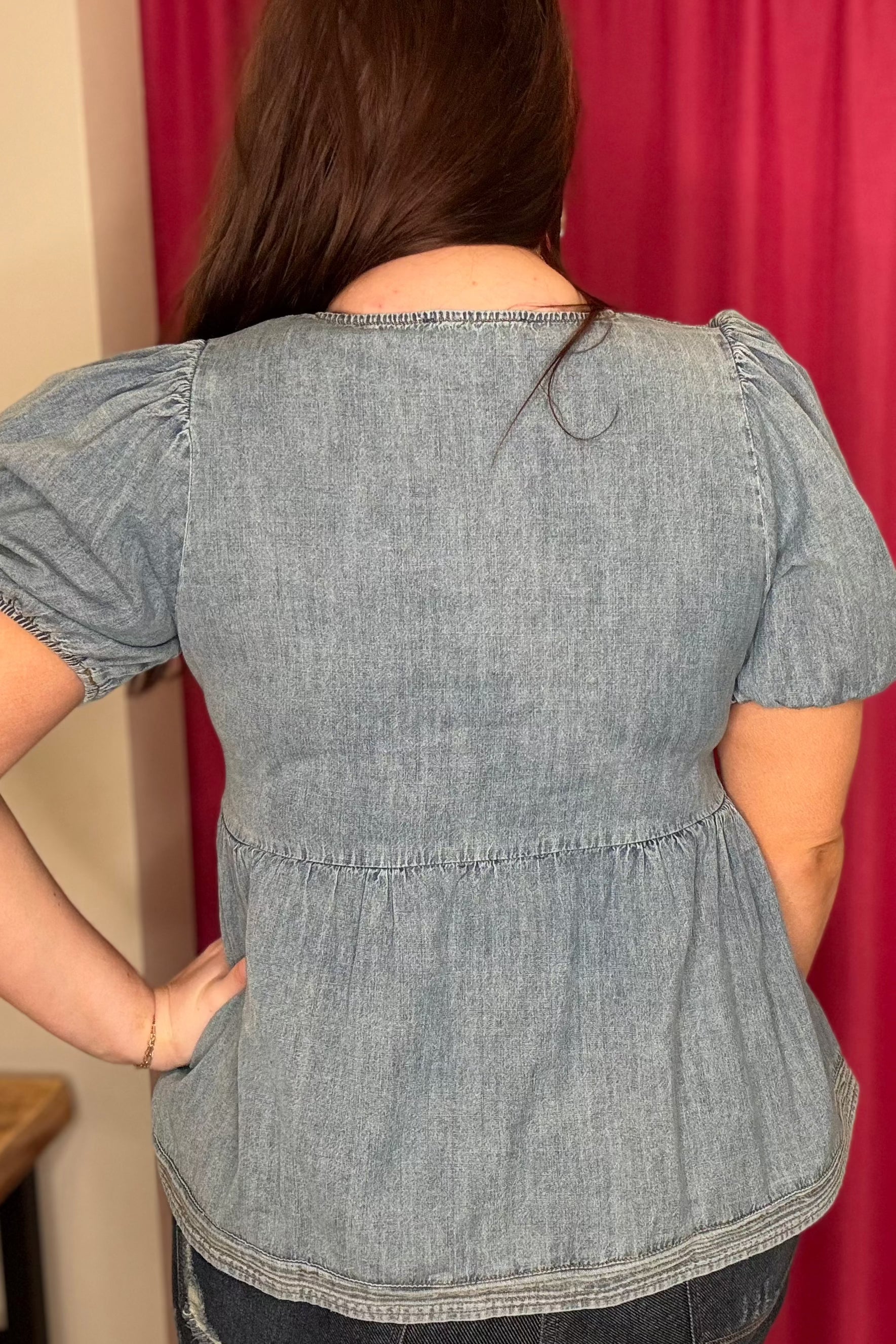 Short Puff Sleeve Washed Denim Blouse Top with Front Ties JRTOP CASUAL TOP SHE&SKY