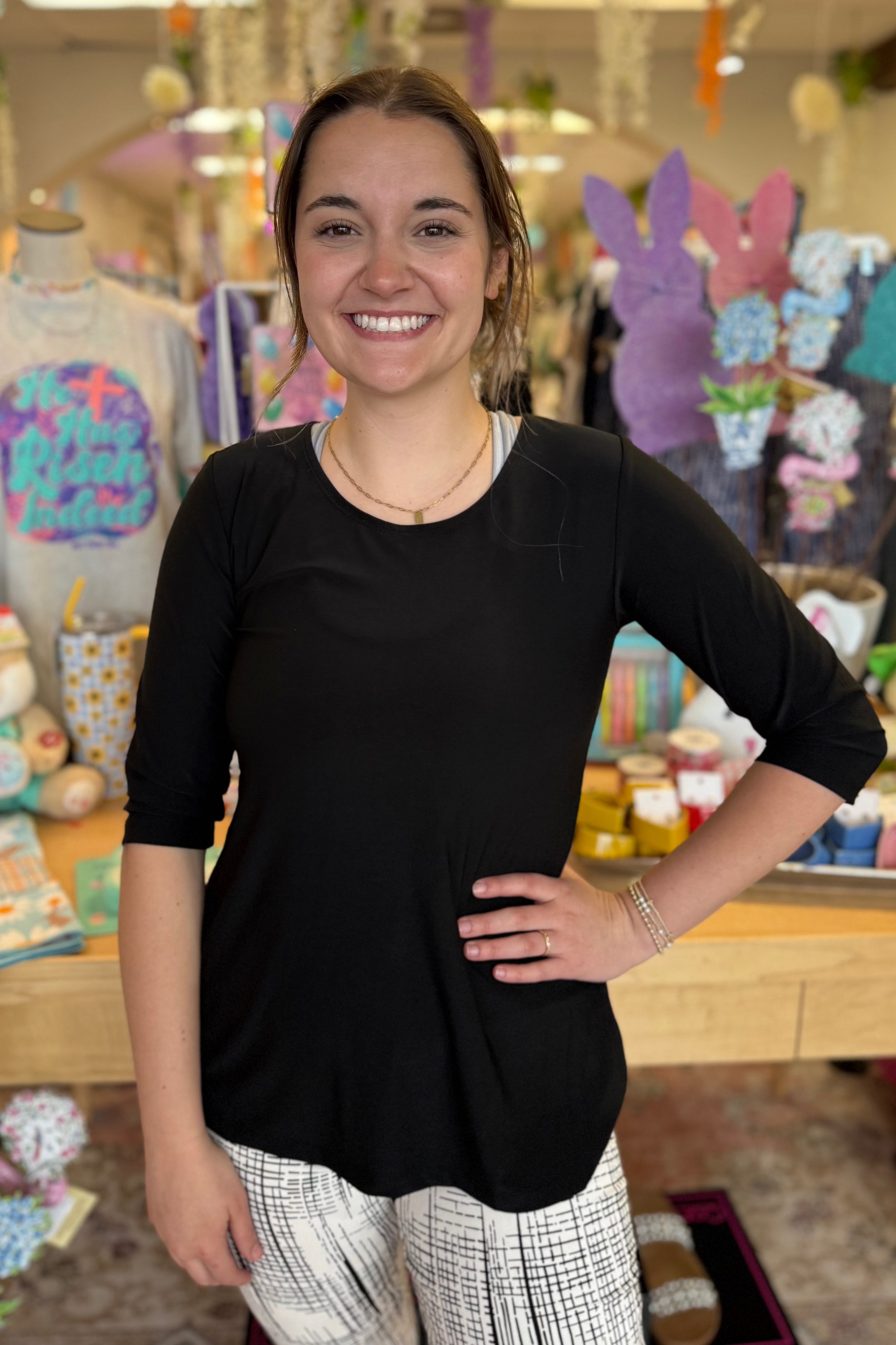 3/4 Sleeve Scoop Neck Top MISSY BASIC KNIT CREATION BLK S