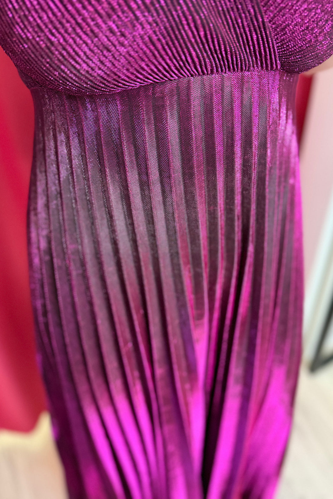 Spaghetti Strap Pleated Surplice Lurex Midi Dress DRESS GLAM