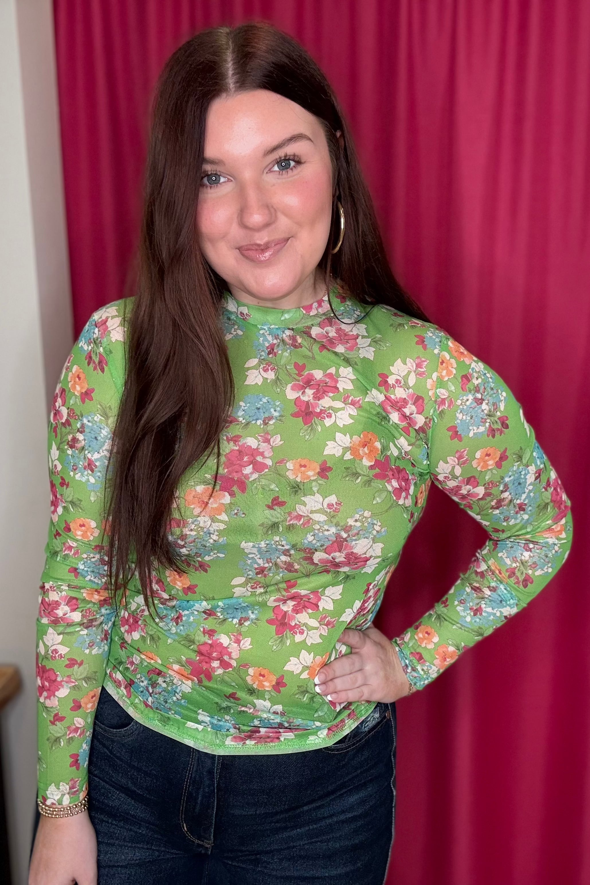 Green Floral Mesh Top MISSY BASIC KNIT TURQUOISE HAVEN