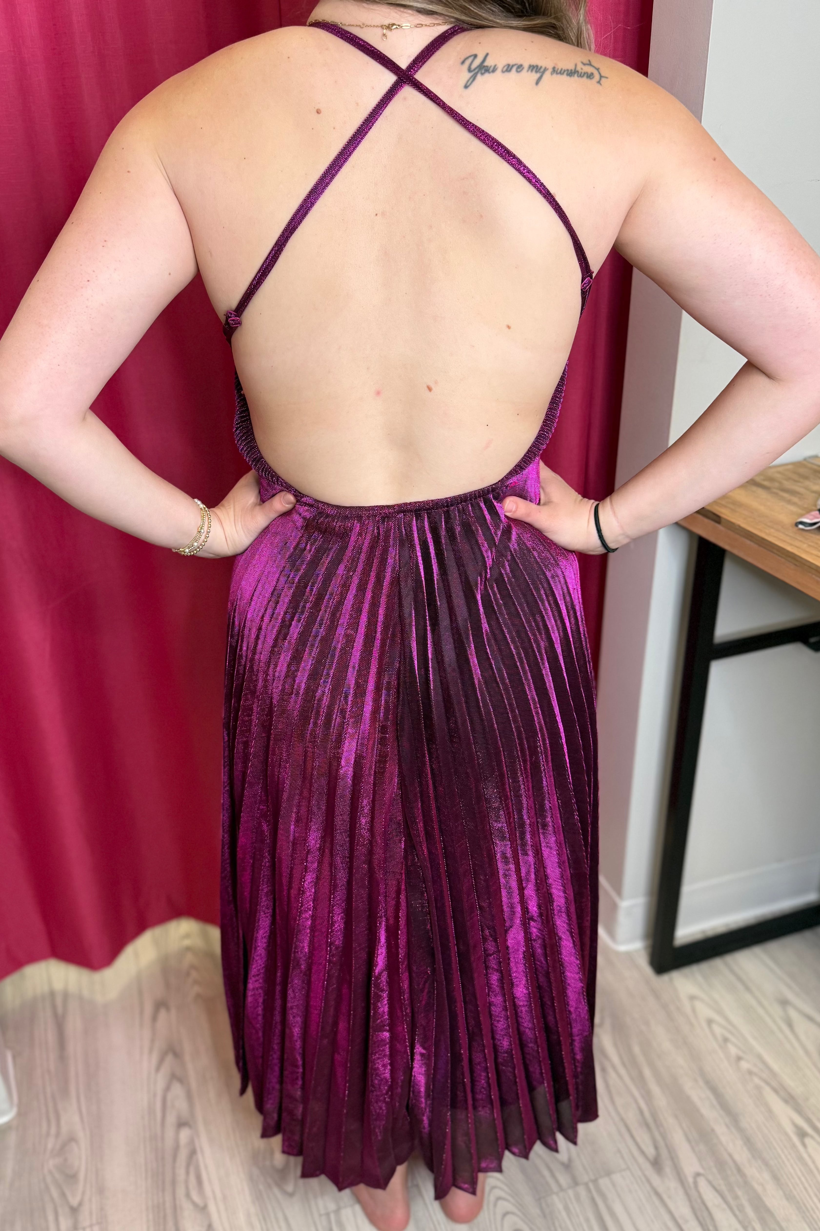 Spaghetti Strap Pleated Surplice Lurex Midi Dress DRESS GLAM