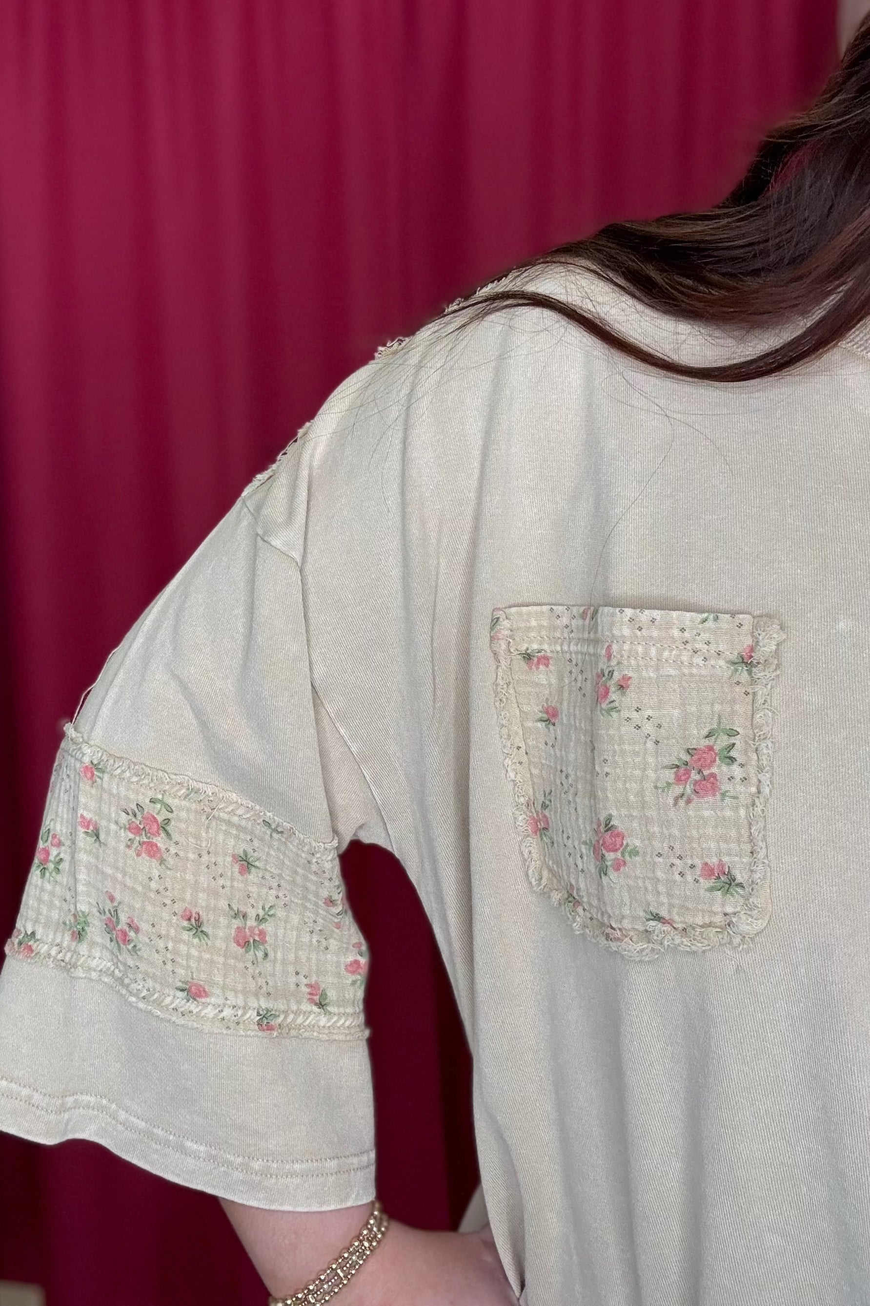 3/4 Sleeve Top with Floral Gauze Patch Pocket, Sleeves & Back JR TOP DRESSY EASEL