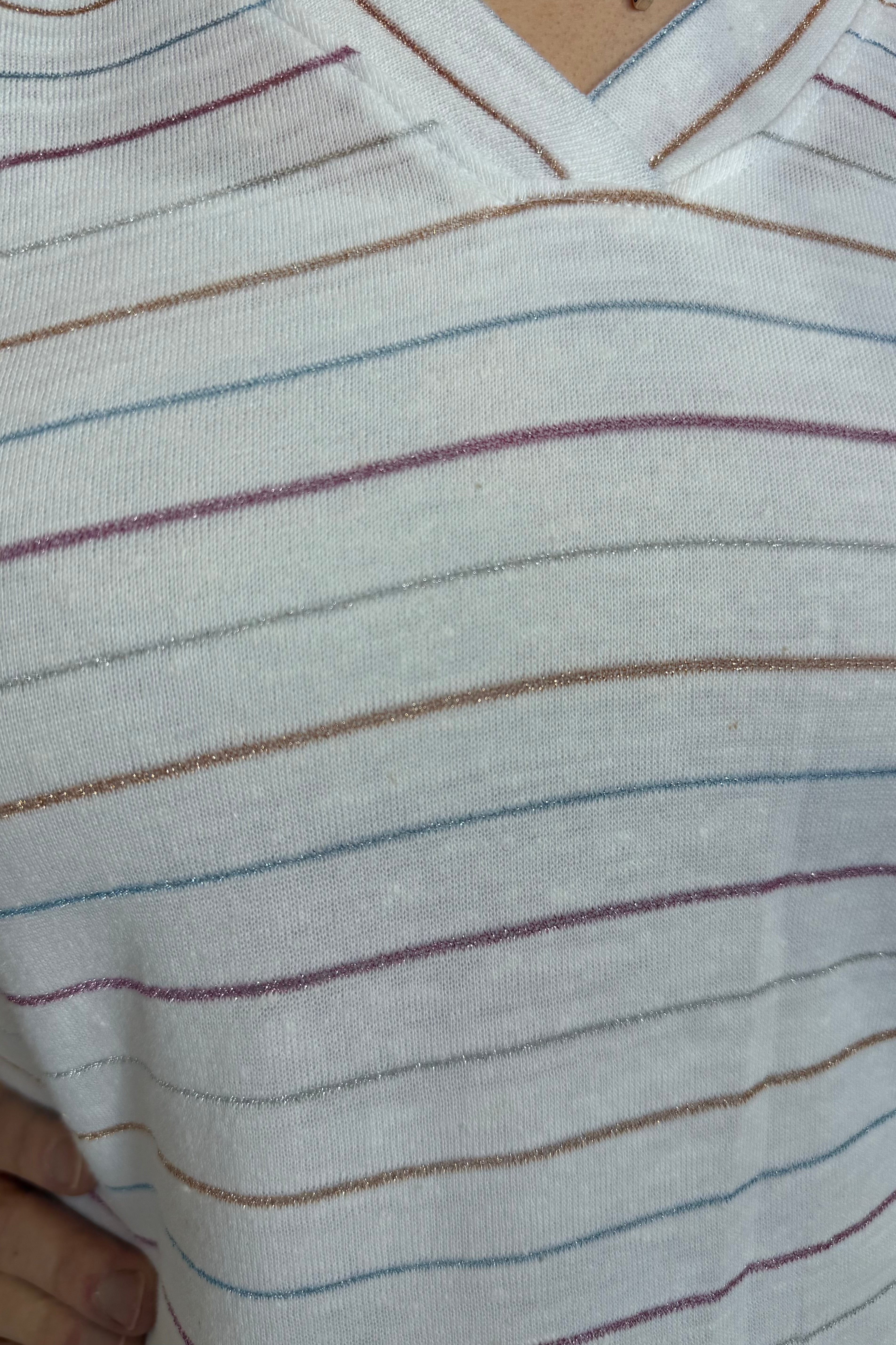 Ruched Short Sleeve V-Neck Metallic Stripe Knit Top MISSY TOP SPECIAL DEMOCRACY