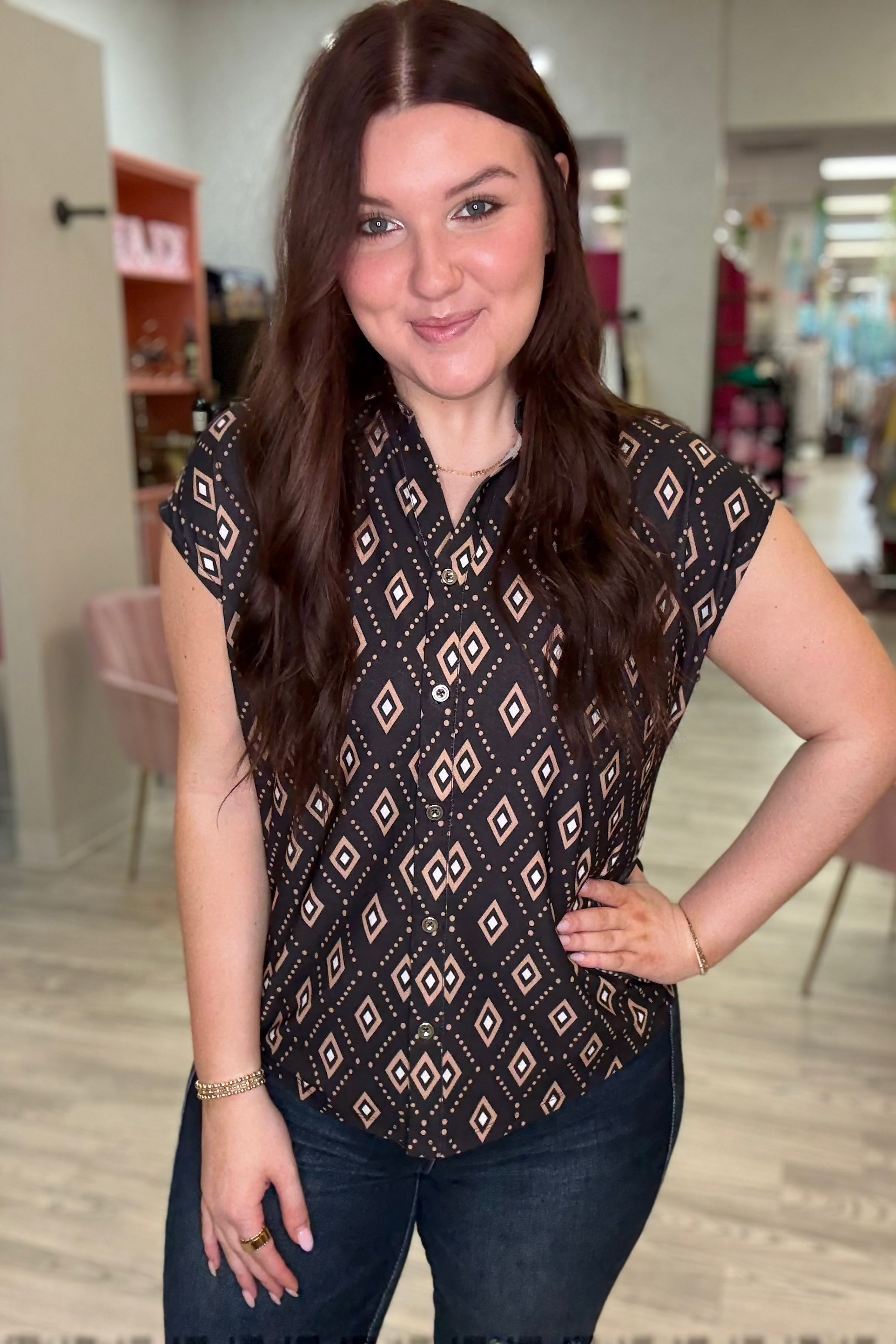 Short Sleeve Printed Button Down Top MISSY TOP SPECIAL KEREN HART