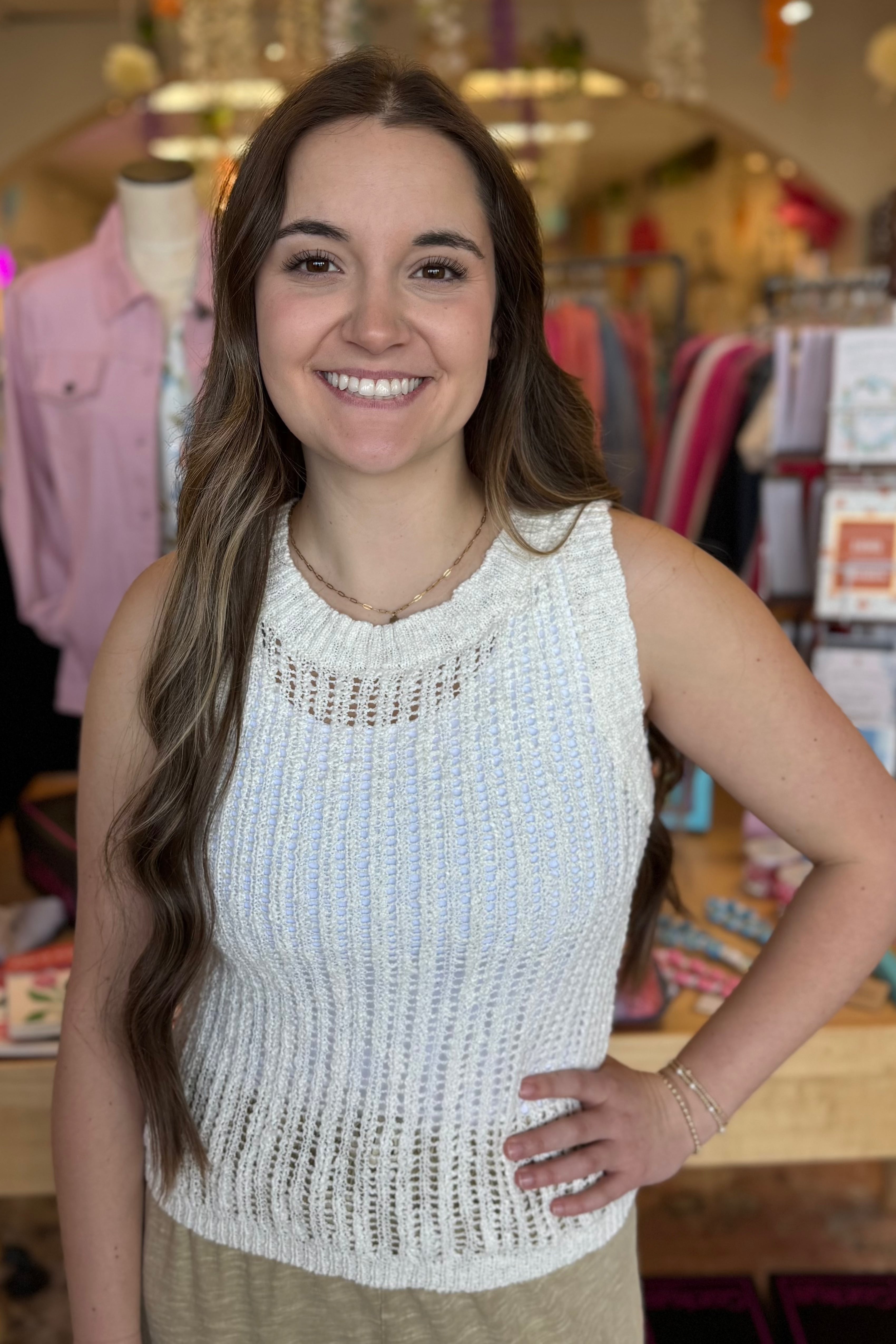 Round Neck Crochet Sweater Knit Tank Top JRTOP CASUAL TOP BLUPEPPER CRM M